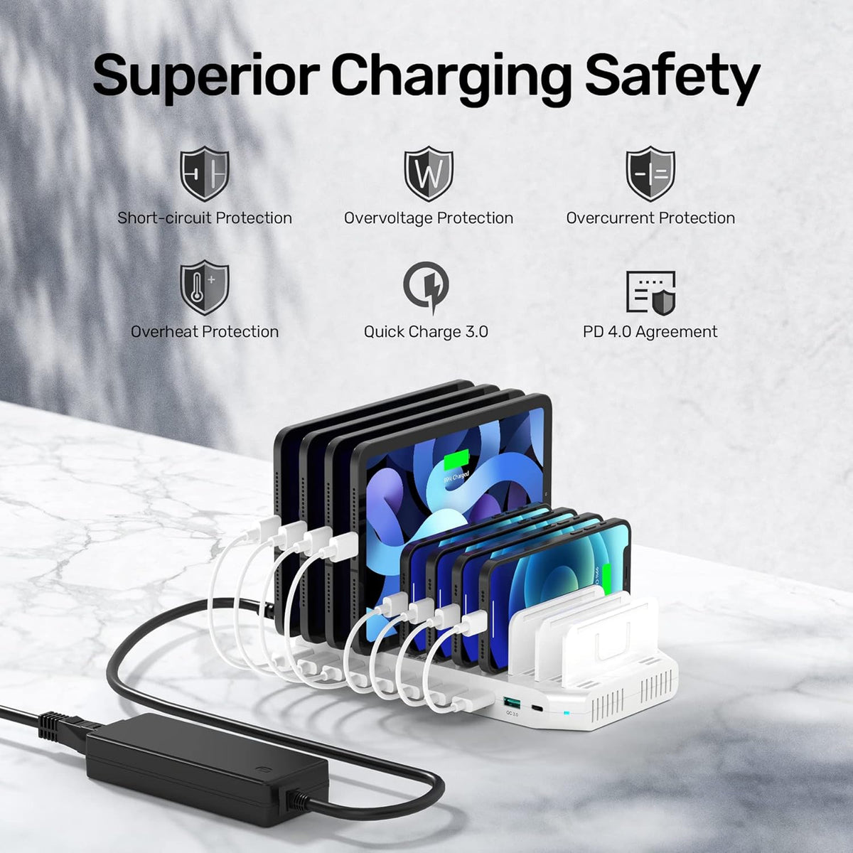 USB C PD 60W Charging Station with QC 3.0, Unitek 160W 10-Port USB Quick Charger Dock, Power Delivery Compatible with Laptop MacBook, Pixel, Upgraded Dividers