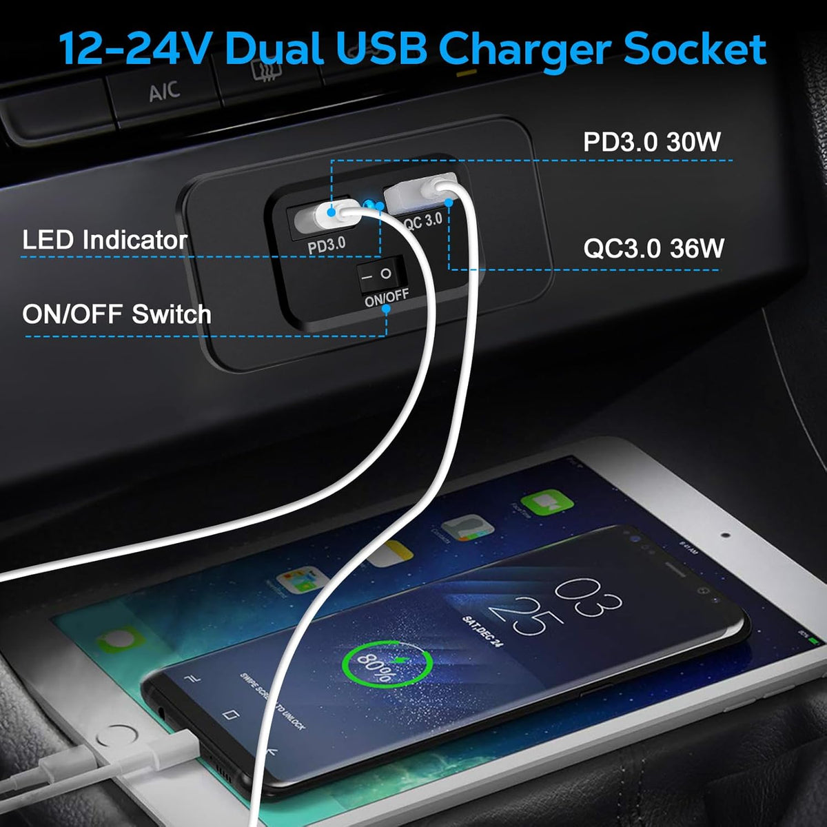 Linkstyle 12V USB Outlet, 36W QC3.0 USB-A & 30W PD3.0 USB-C Charger Socket with Blue Indicator for Marine Trunk