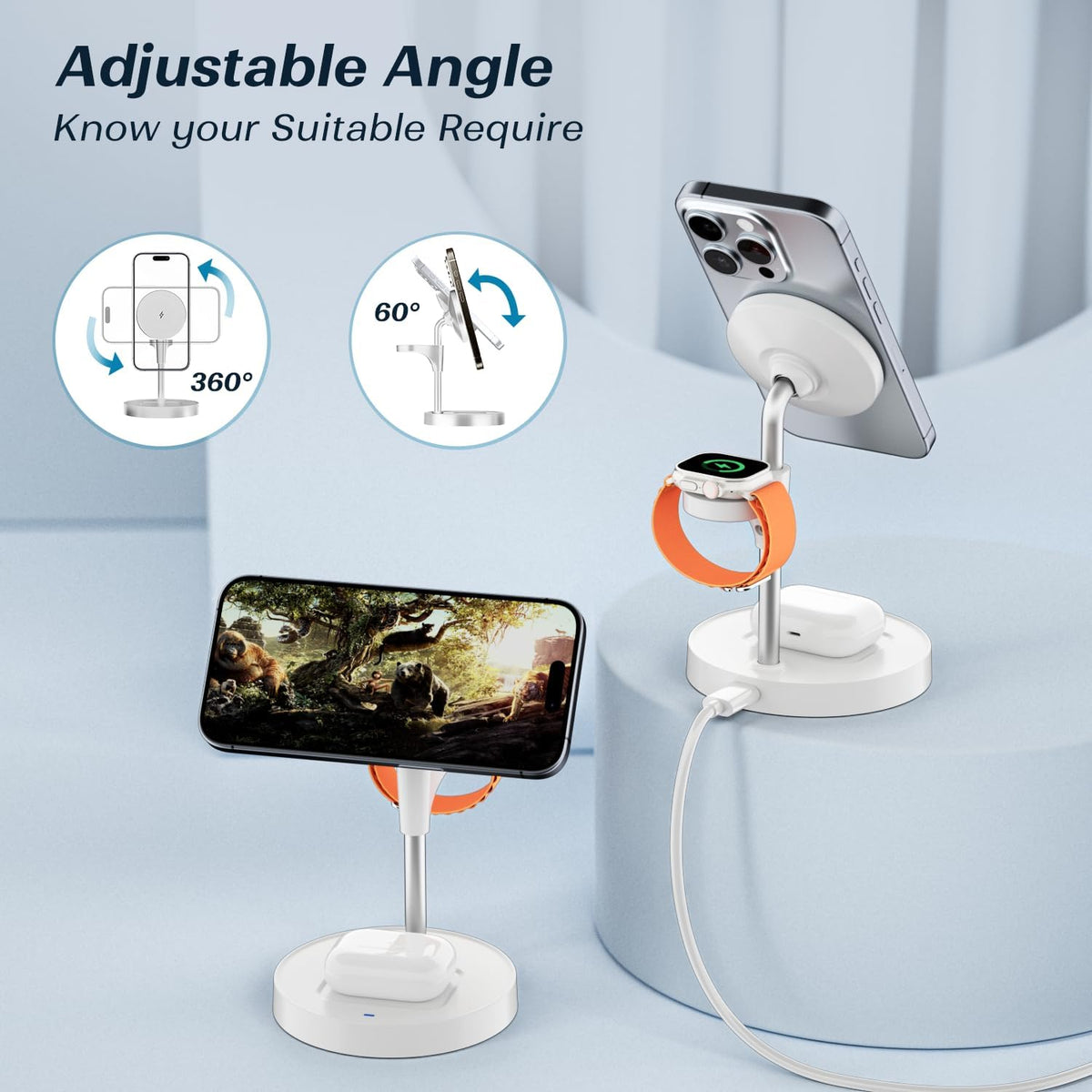 KPON Magsafe Wireless Charging Station - 15W Fast Magnetic 3 in 1 Charger Stand for iPhone 16 15 14 13 12