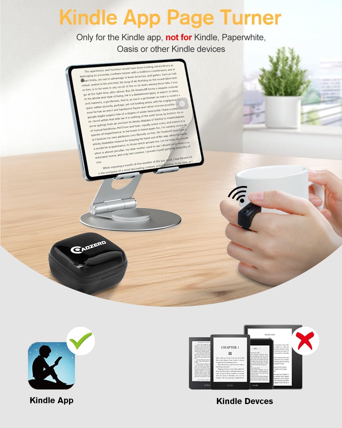 ADZERD Remote Control for TikTok, Page Turner for iPad iPhone, Bluetooth Camera Video Recording Remote, Scrolling Ring for TIK Tok, iPhone, iPad, iOS, Android - Black