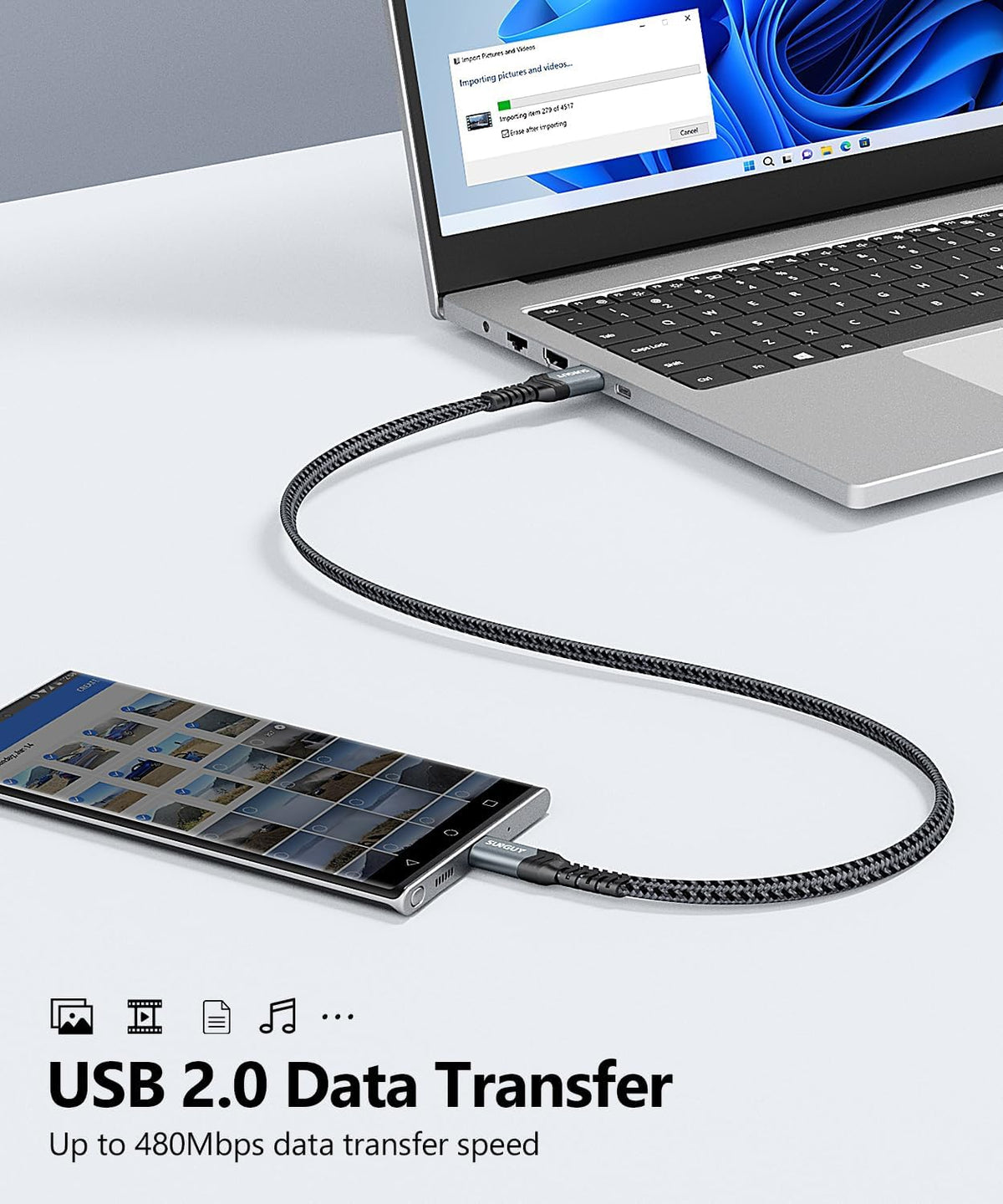 SUNGUY USB C Cable 2FT [2Pack], Flat USB A to USB C Charger Cable 3A Fast Charging Data Transfer Braided for iPhone