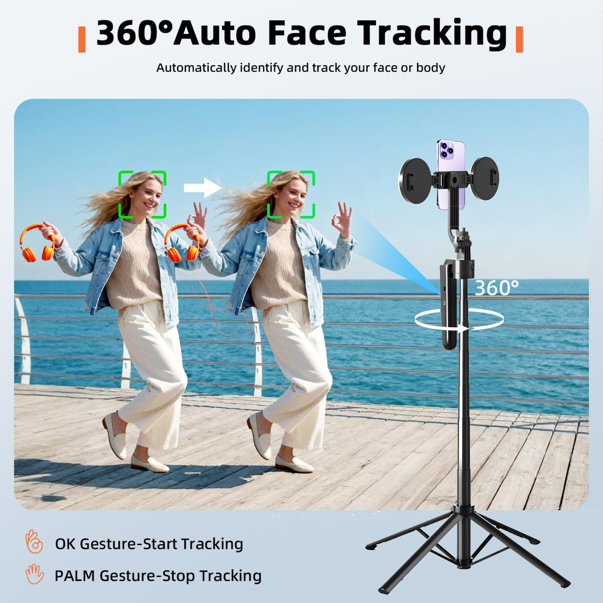 Euoto Auto Face Tracking Selfie Stick Tripod for iPhone with Light 360 Rotation that Follows Your Movement 70.9" Camera Tripod Stand with Remote
