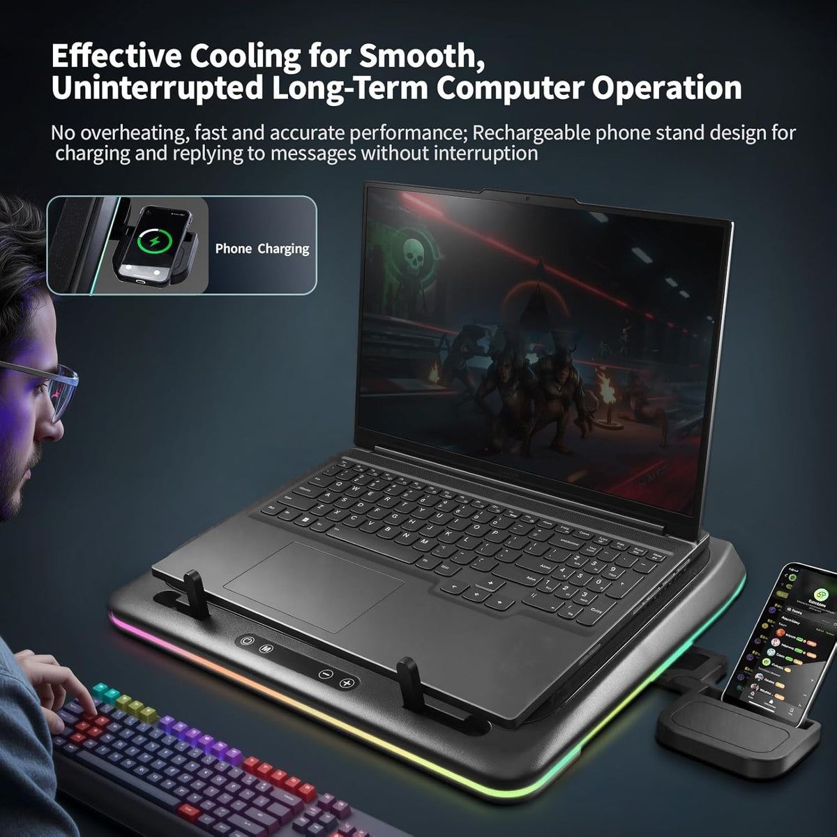 IMMOENUC- Compressed Air Laptop Cooling Pad with Wireless Charging RGB Laptop Cooler Stand with Powerful External Turbo Cooling Fan Compatible with 14-inch and Above MacBook/Dell/HP/Lenovo Laptops