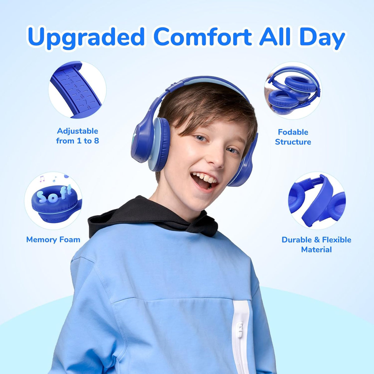 EarFun K4 Kids Bluetooth Headphones, Wireless Headphones with LED Lights, 74/85/94dBA Volume Limited, Built-in Mic, 90H Playtime, Bluetooth 5.4 Over Ear Headphone for iPad/Tablet/PC/School