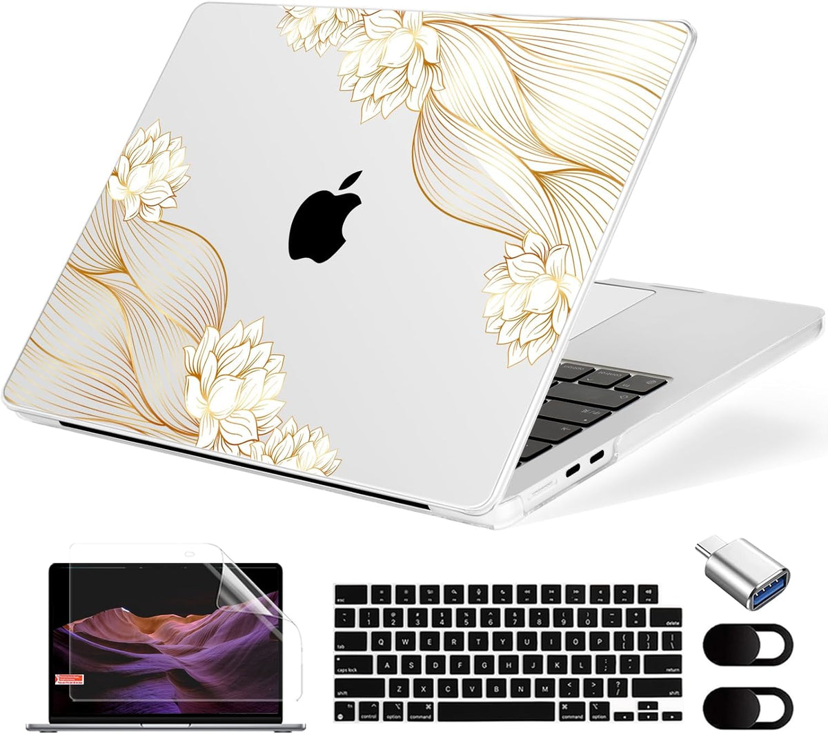 Compatible with MacBook Air 13.6 inch Case, M4 A3240/M3 A3113/M2 A2681 (Released 2025 to 2022), Hard Shell, Keyboard Cover, Screen Protector, Webcam Cover & Type-C Adapter, Gold Lace Flower