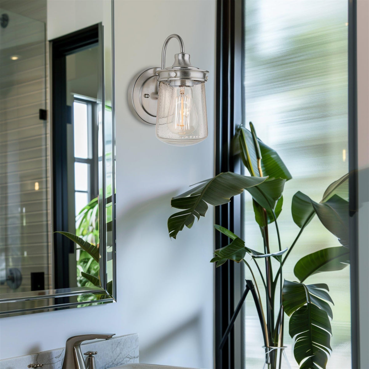 Kira Home Mason 10" Modern Farmhouse Wall Sconce with Seeded Glass Jar Shade, Industrial Silver Gooseneck Wall Light, Brushed Nickel Finish