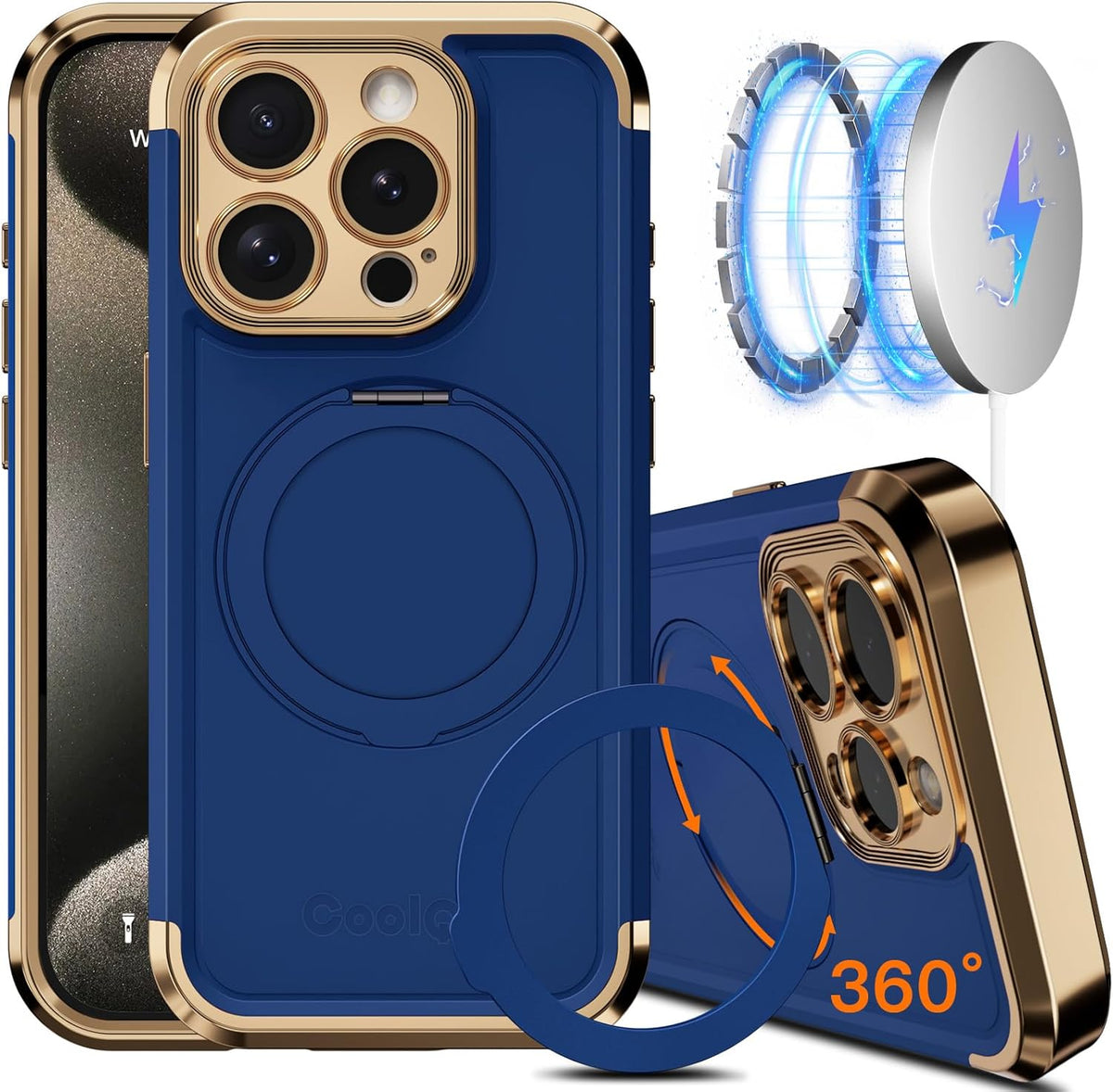 COOLQO for iPhone 14 Pro Case 6.1'' Upgraded 360° Spin Magnetic Stand [Compatible with Magsafe][Military Protection] Shockproof Protective Phone Holder Cover for iPhone 14 Pro, Blue Gold