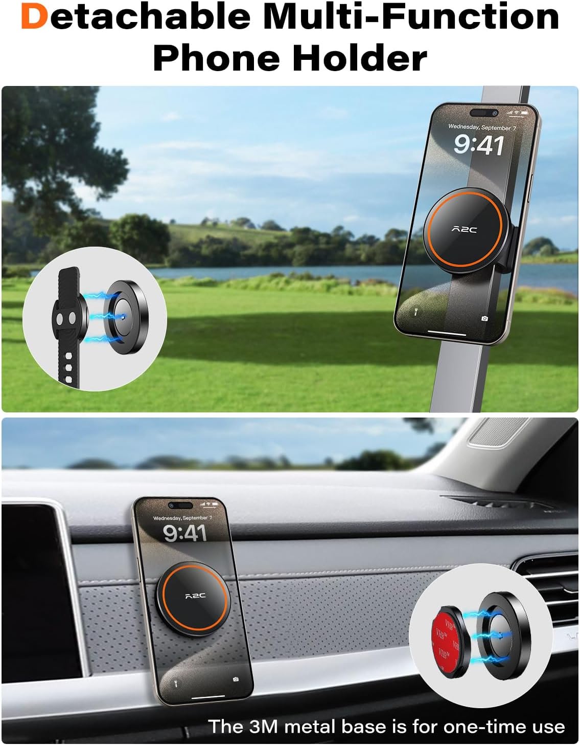 A2C Magnetic Golf Cart Phone Holder Fit for EZGO/Club Car/Yamaha, Strong Magnet Phone Mount with Adjustable Strap for Golf Cart Railing, Compatible with Magsafe iPhone, Essentials Gift for Golfer