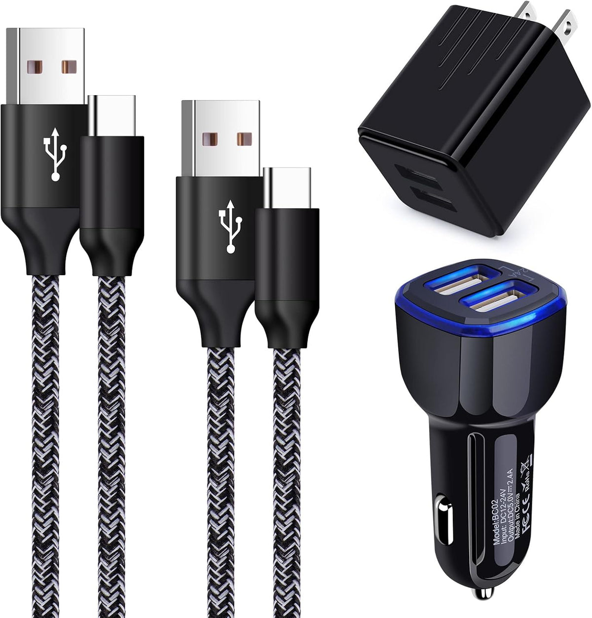Fast Charger USB Wall Plug & Car Adapter for Samsung Galaxy S24 S23 S22+ S22 Ultra, with 3FT & 6FT Type C Cable.