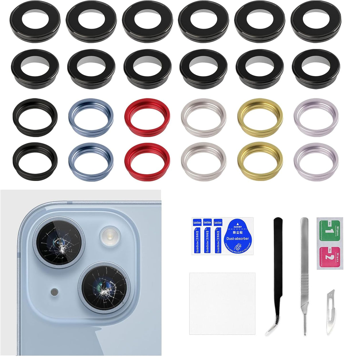 6 Sets Blue Back Camera Lens Cover Replacement for iPhone 14 Plus Purple Yellow Midnight Starlight Red with Repair Kit