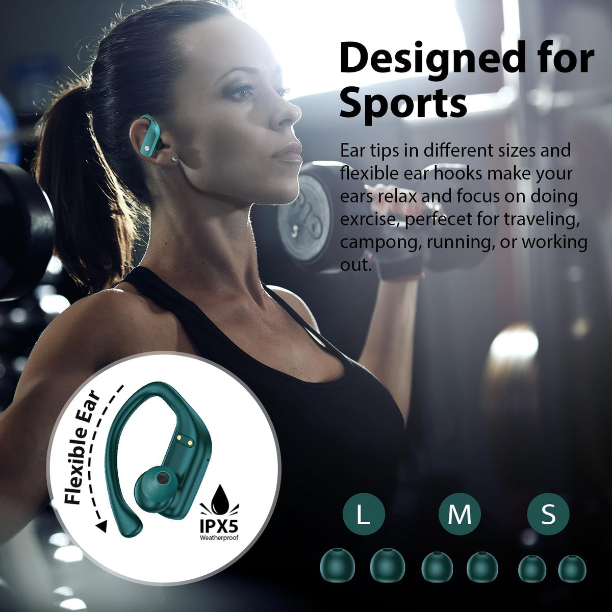 bmanl Wireless Earbuds Bluetooth Headphones 48hrs Play Back Sport Earphones with LED Display Over-Ear Buds with Earhooks Built-in Mic Headset for Workout Green