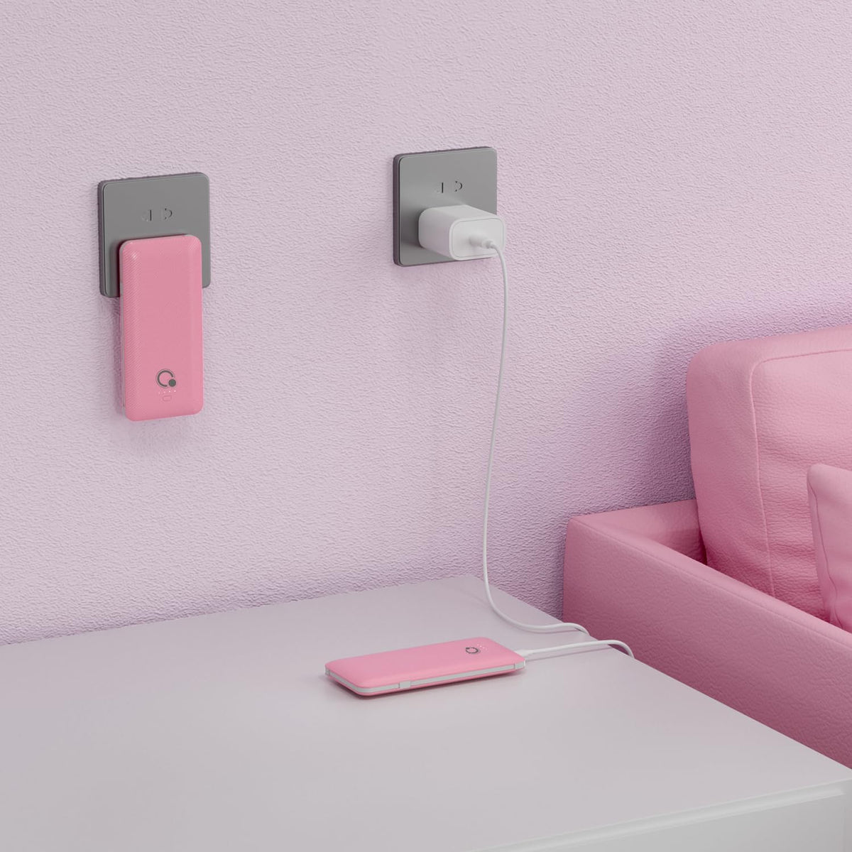 Q 10000mAh Power Bank, Slim Portable Charger,4 Output External Battery Pack with Built-in AC Wall Plug Micro USB C 3 Cables Compatible with iPhone Samsung Android Phone Tablet and More