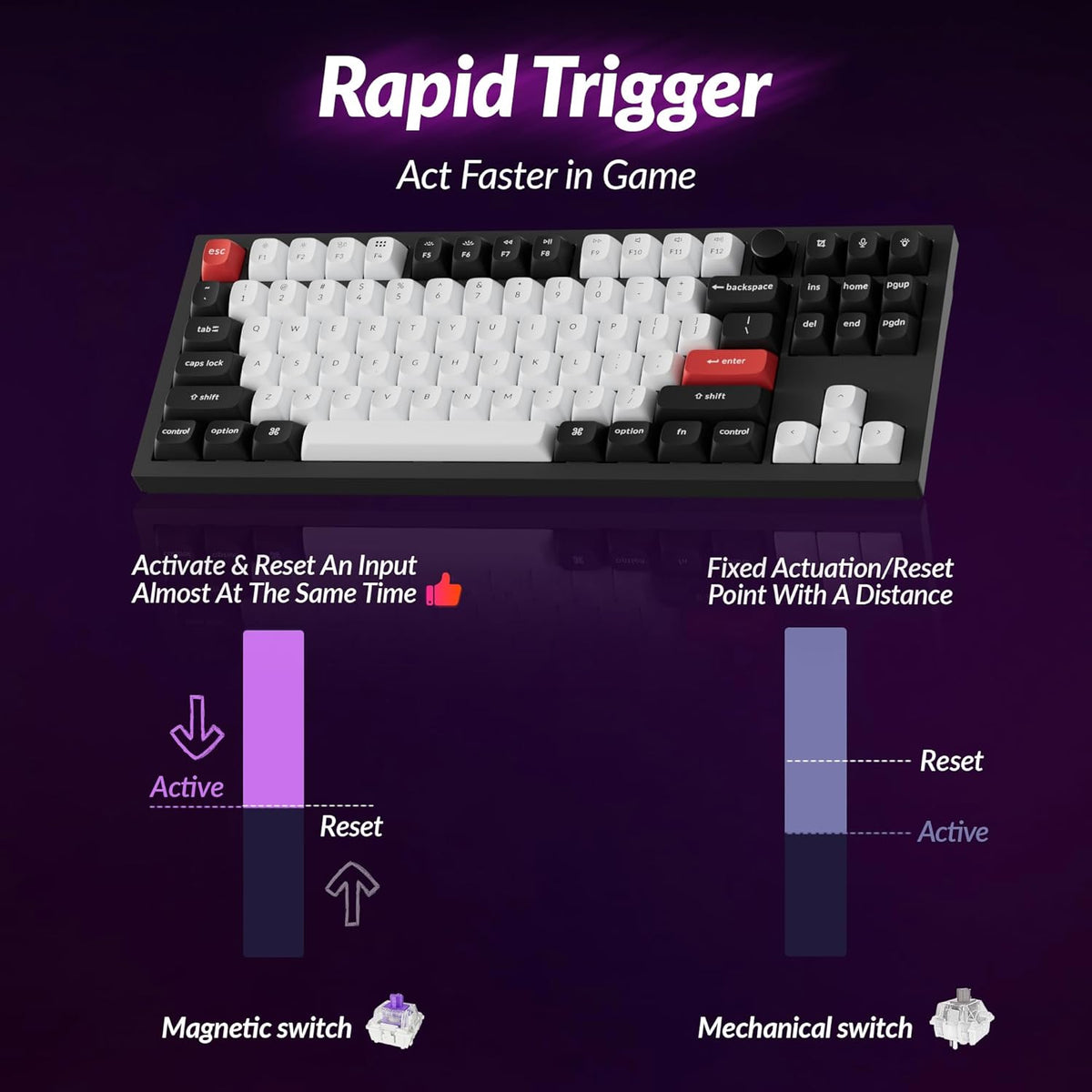 Keychron Q3 HE Wireless Custom Mechanical Keyboard, 2.4 GHz/Bluetooth/Wired QMK Rapid Trigger 80% TKL Hot-Swappable Programmable RGB Gateron Double-Rail Magnetic Switches for Mac Windows, Carbon Black