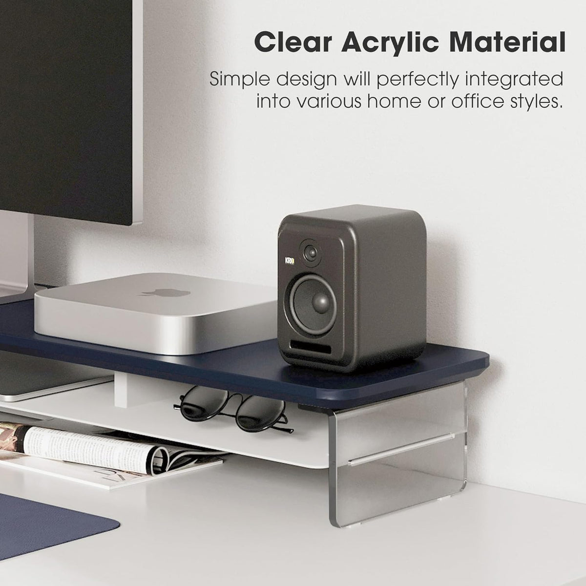 Fenge Acrylic Monitor Stand Riser, 42.5 Inches Dual Monitor Stand with Metal Storage, 2 Tier Acrylic Computer Riser for Desk, Clear Laptop Stand for PC, Laptop, Printer, TV, Blue