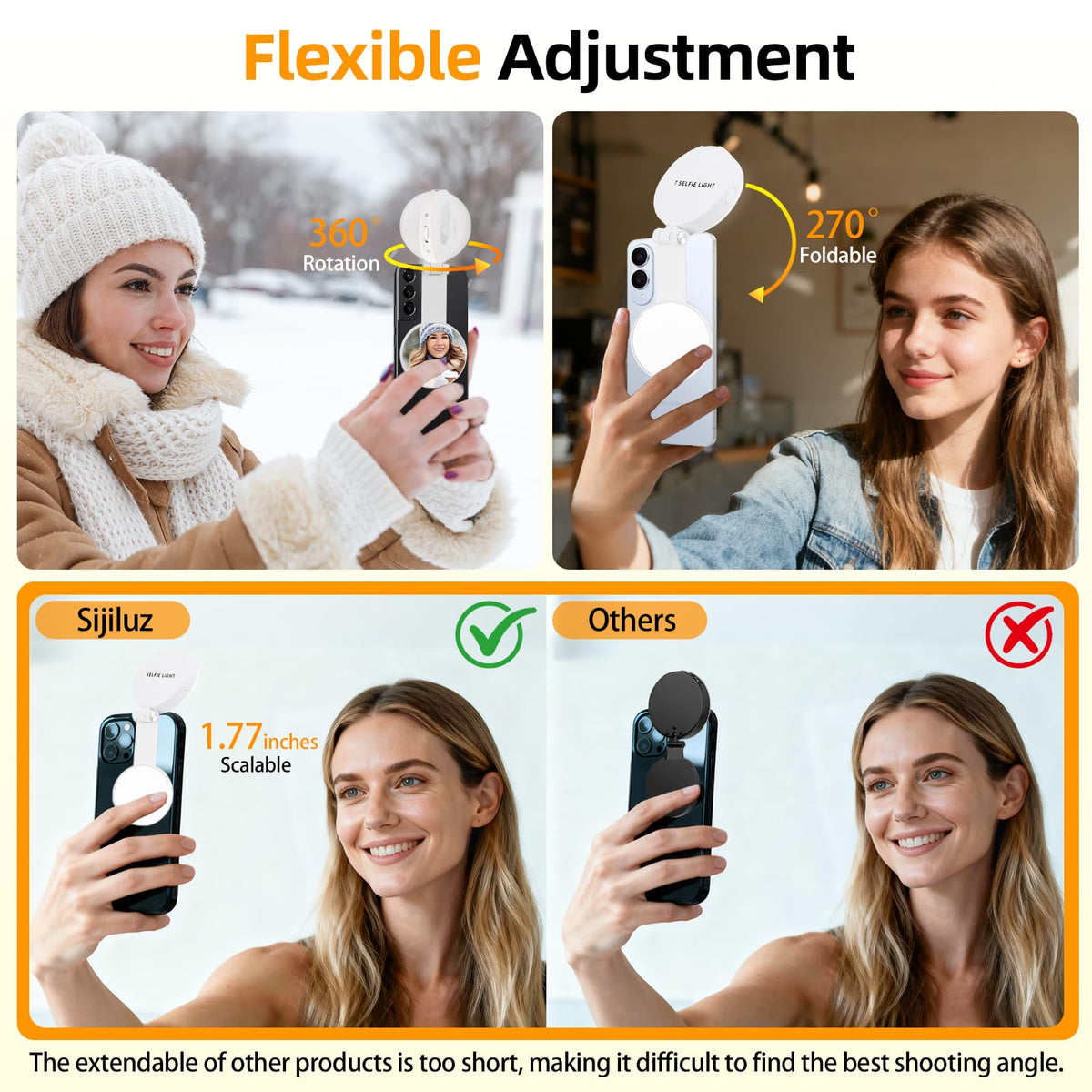 Magnetic Selfie Light for iPhone with Mirror Foldable Magnetic Fill Light with Sticky Ring for Android Rechargeable Portable Phone Ring Lights