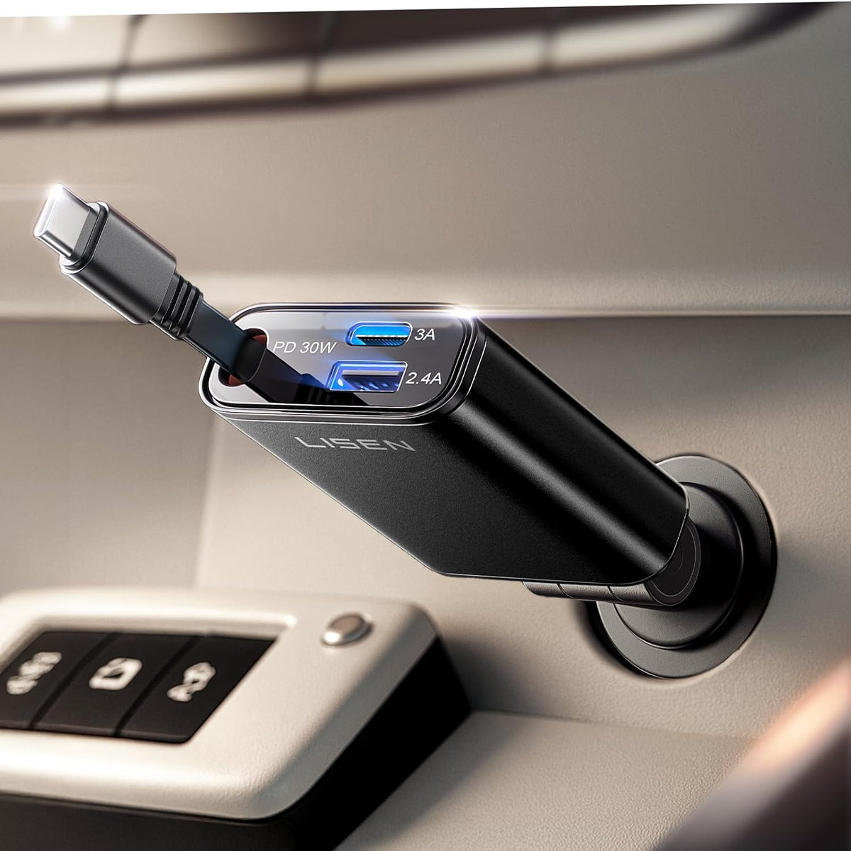 LISEN Car Charger USB C Fast Charging Retractable,【75% Less,Ultra Mini】 57W Fast iPhone 16/15 USBC Type C Car Charger Retractable for iPhone 16e 16 15 Pro Max Plus，Samsung Galaxy S25/24，Android,Black