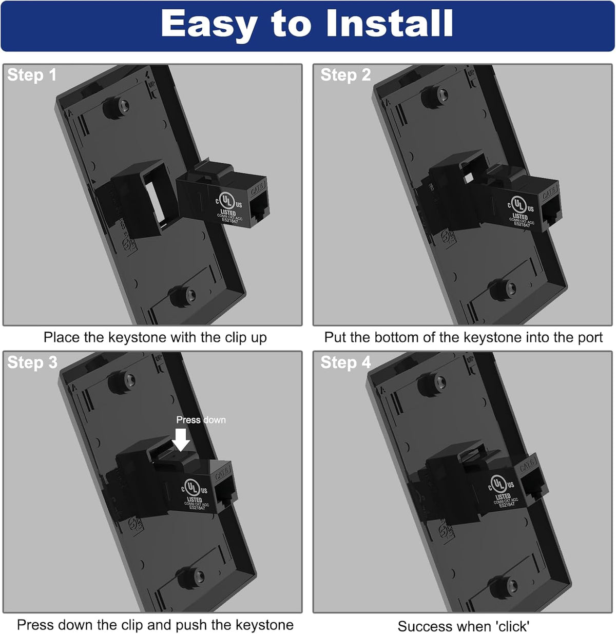 VCE Black Ethernet Wall Plate (UL-Listed), 1-Port CAT6 Wall Plate and Jack, RJ45 Keystone Wall Outlet with Single Gang Low Voltage Mounting Bracket, 2-Pack