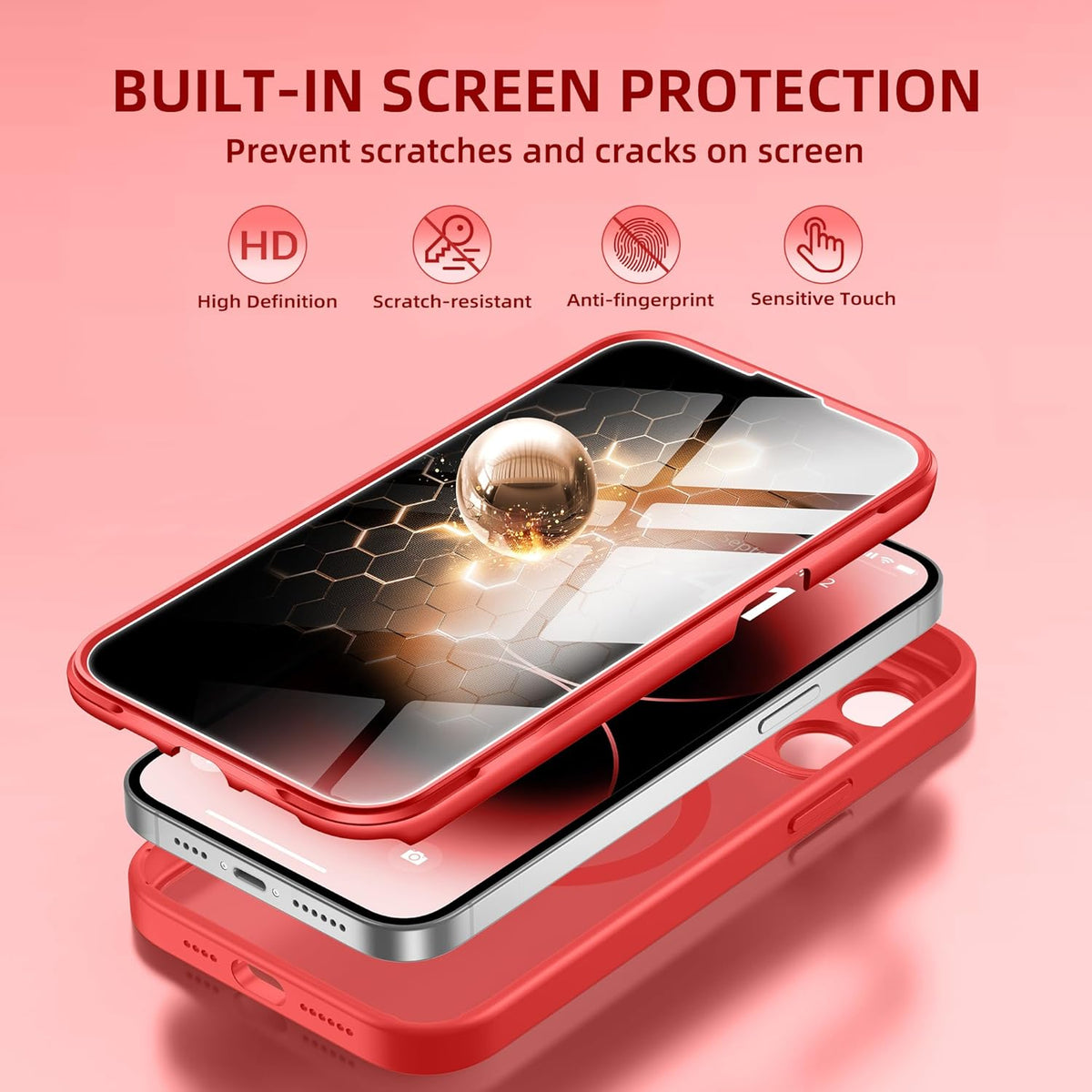 BERFY Magnetic for iPhone 14 Pro Max Case, Compatible with MagSafe, Built-in Privacy Screen Protector and Upgraded Camera Protection, Anti-Spy Full Body Shockproof Phone Case for 14 Pro Max 6.7", Red