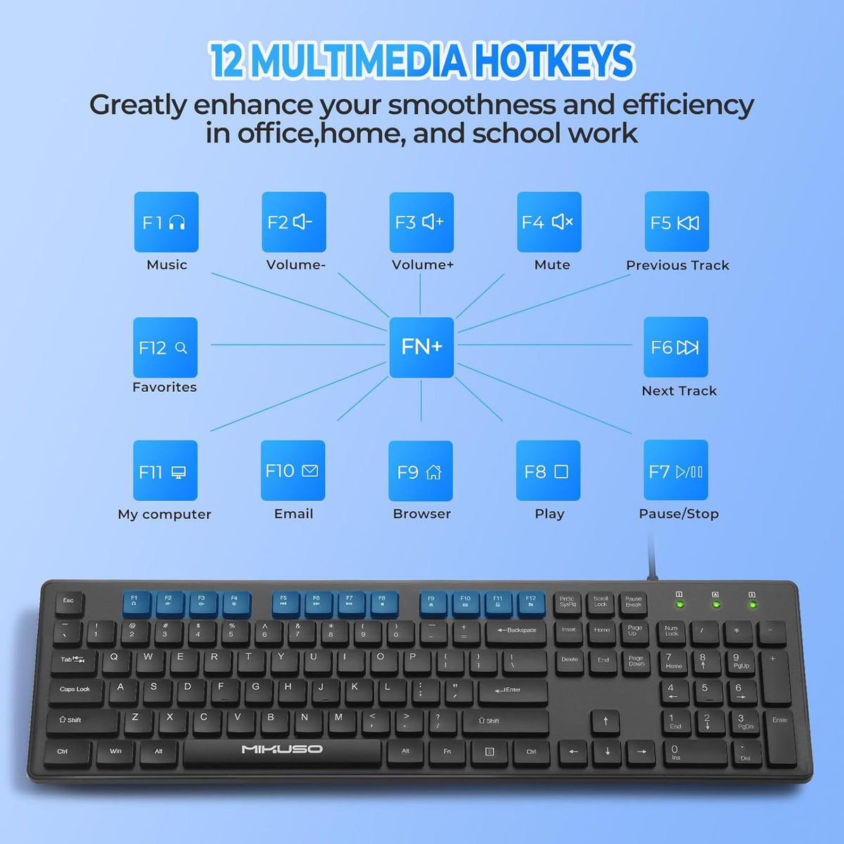 Wired Computers Keyboard with Cover Comfortable Hand Feel,Laser Engraved Characters,12 Multimedia Keys USB Interface Suitable for Laptop PC,Full Size 104 Keyboards, Plug and Play, Office