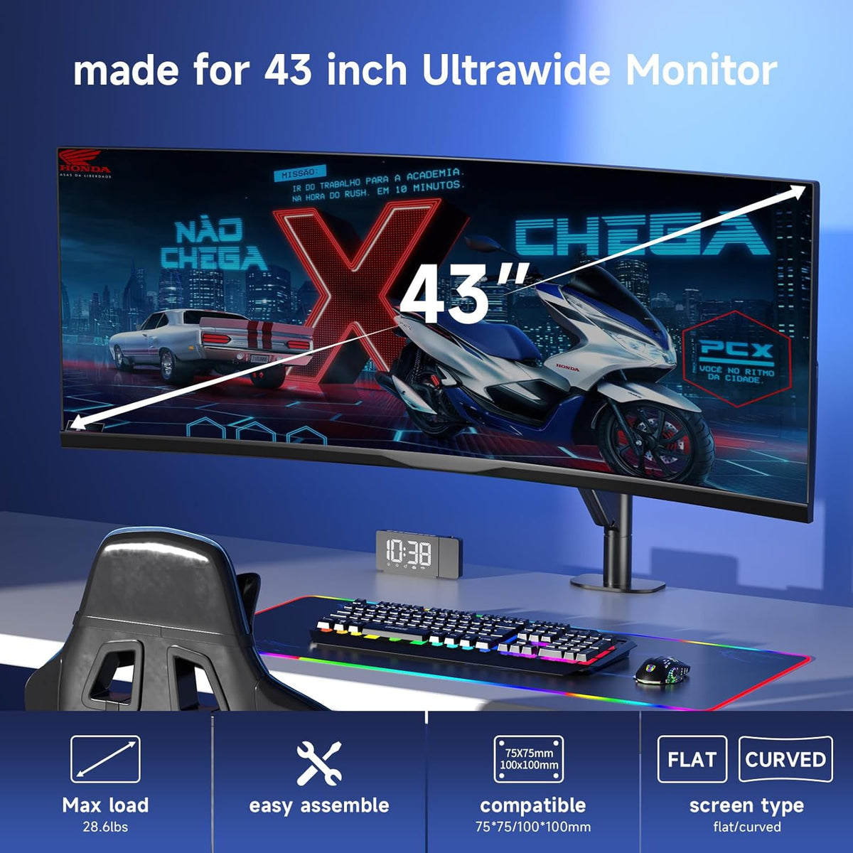 Pholiten Premium Aluminum Heavy Duty Monitor Arm，Ultrawide Monitor Arm,Full Motion Single Computer Mount for Computer Screens up to 43 inchs and 28.6lbs,Adjustable Clamp and Grommet Vesa Mount.