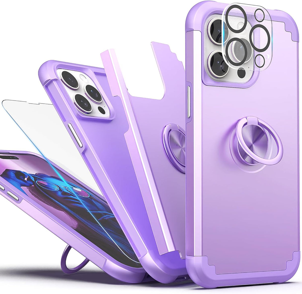 IDweel iPhone 13 Pro Max Case - Purple, 2-in-1 Shockproof with Screen Protector, 360° Ring Holder, Camera Lens
