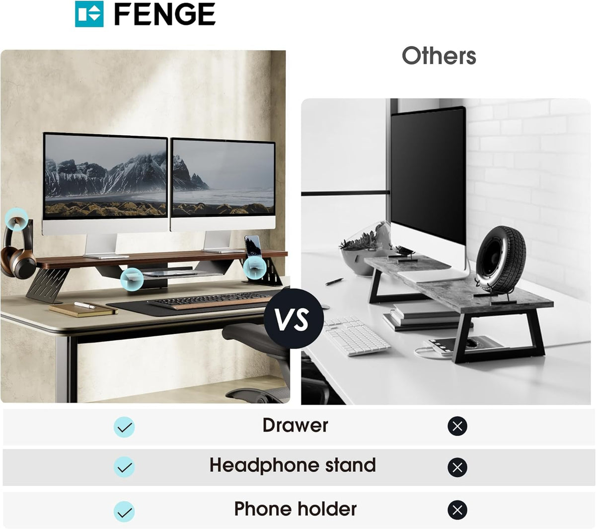Fenge Dual Monitor Stand, 42.5 Inch Monitor Riser for Desk, Wood Desk Shelf for 2 Monitors, 2 Tier Monitor Shelf with Headphone Stand & Phone Holder