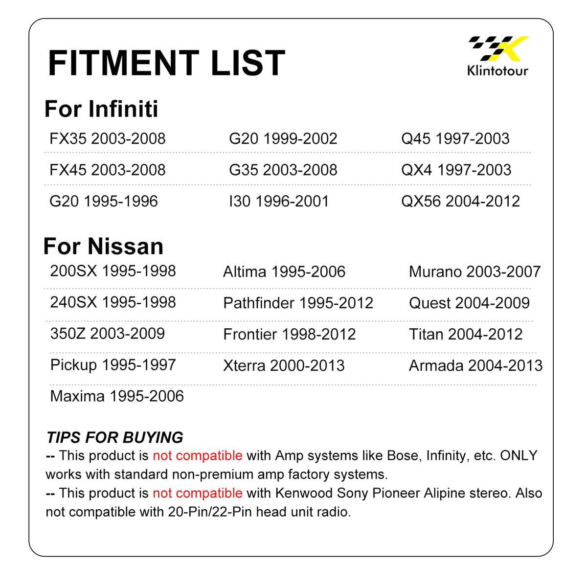 1995-2013/Infiniti 1997-2012, FX35 FX45 G20 I30 Q45 QX4 QX56 Aftermarket Radio Wiring Harness Compatible with Nissan