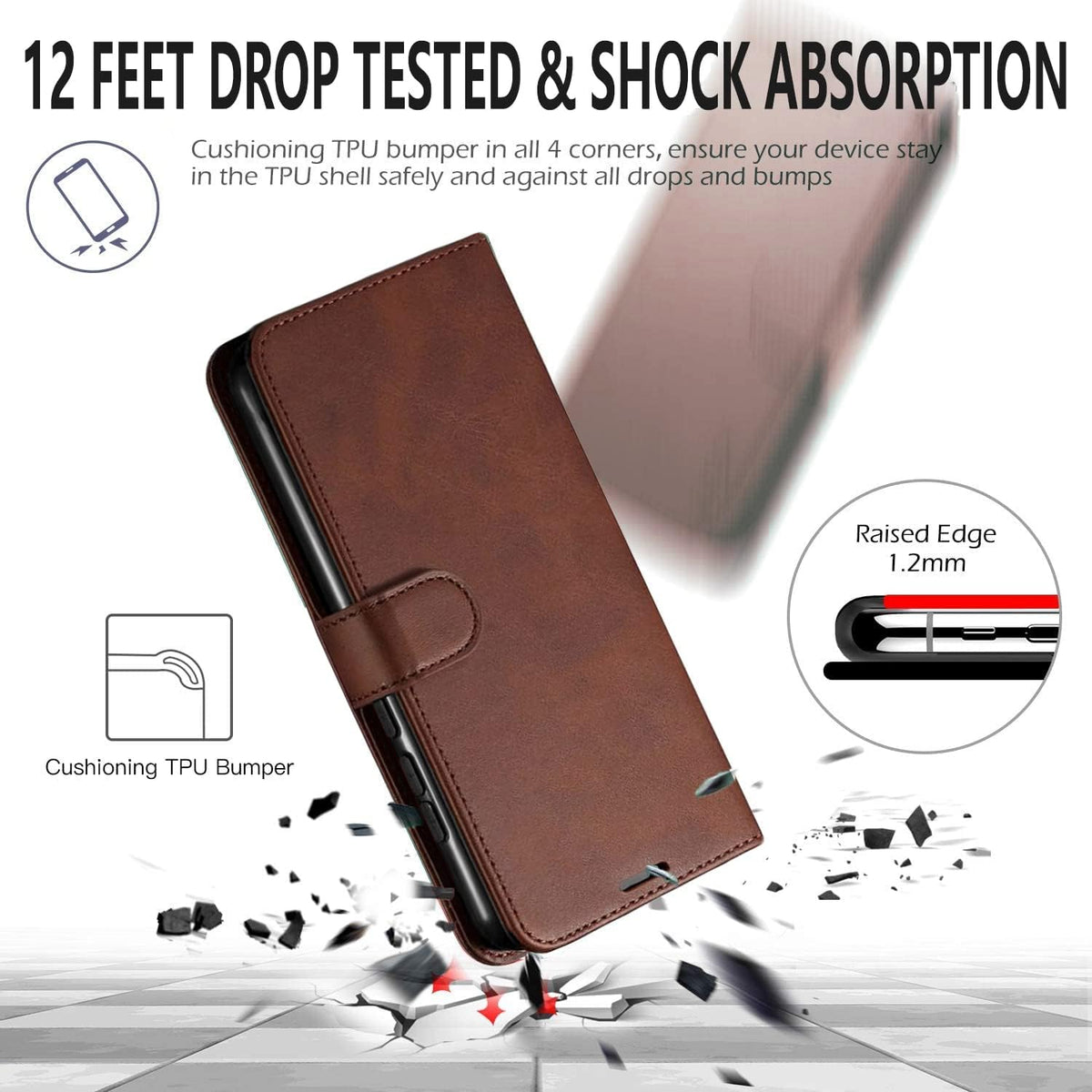 STARSHOP Compatible Samsung Galaxy A12 Phone Case, Leather Wallet Cover with Tempered Glass Protector, Brown