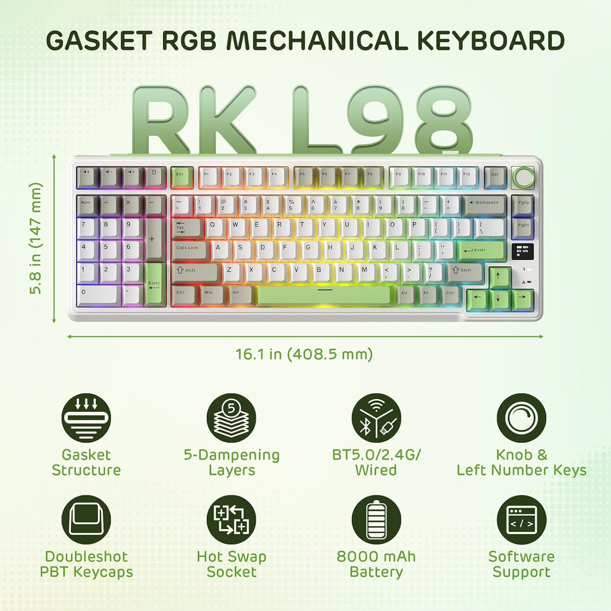 RK ROYAL KLUDGE L98 Wireless Mechanical Keyboard w/Left-Handed Southpaw Design Numpad & Hot Swappable Knob, Tri-Mode 95% Keyboard BT/2.4G/USB-C, Pro Software, Gasket Mount, Massive 8000mAh Battery