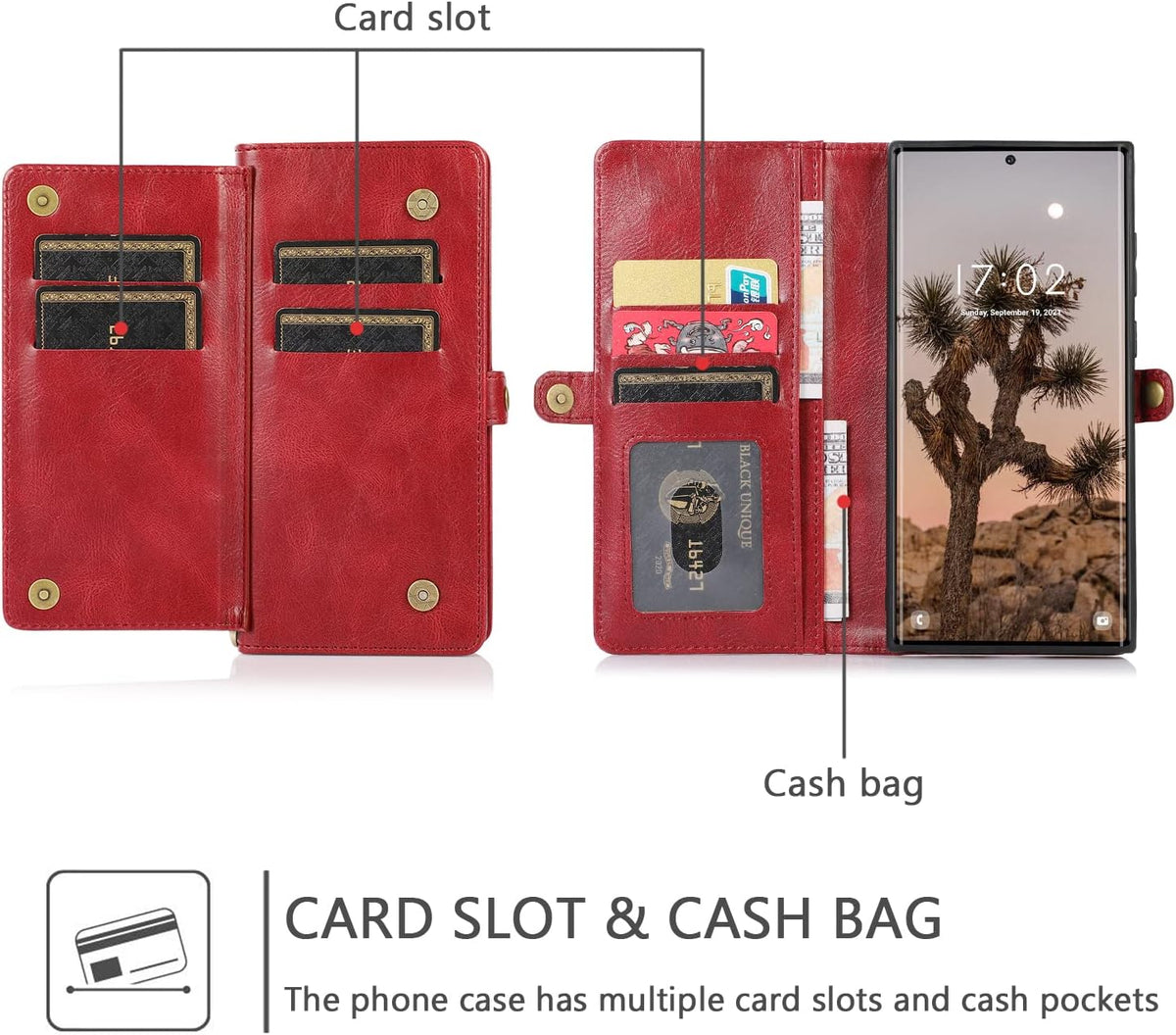 Asuwish Wallet Detachable Cover for Samsung Galaxy S23 Ultra 5G, Leather Flip Credit Card Holder with Magnetic Back, Red