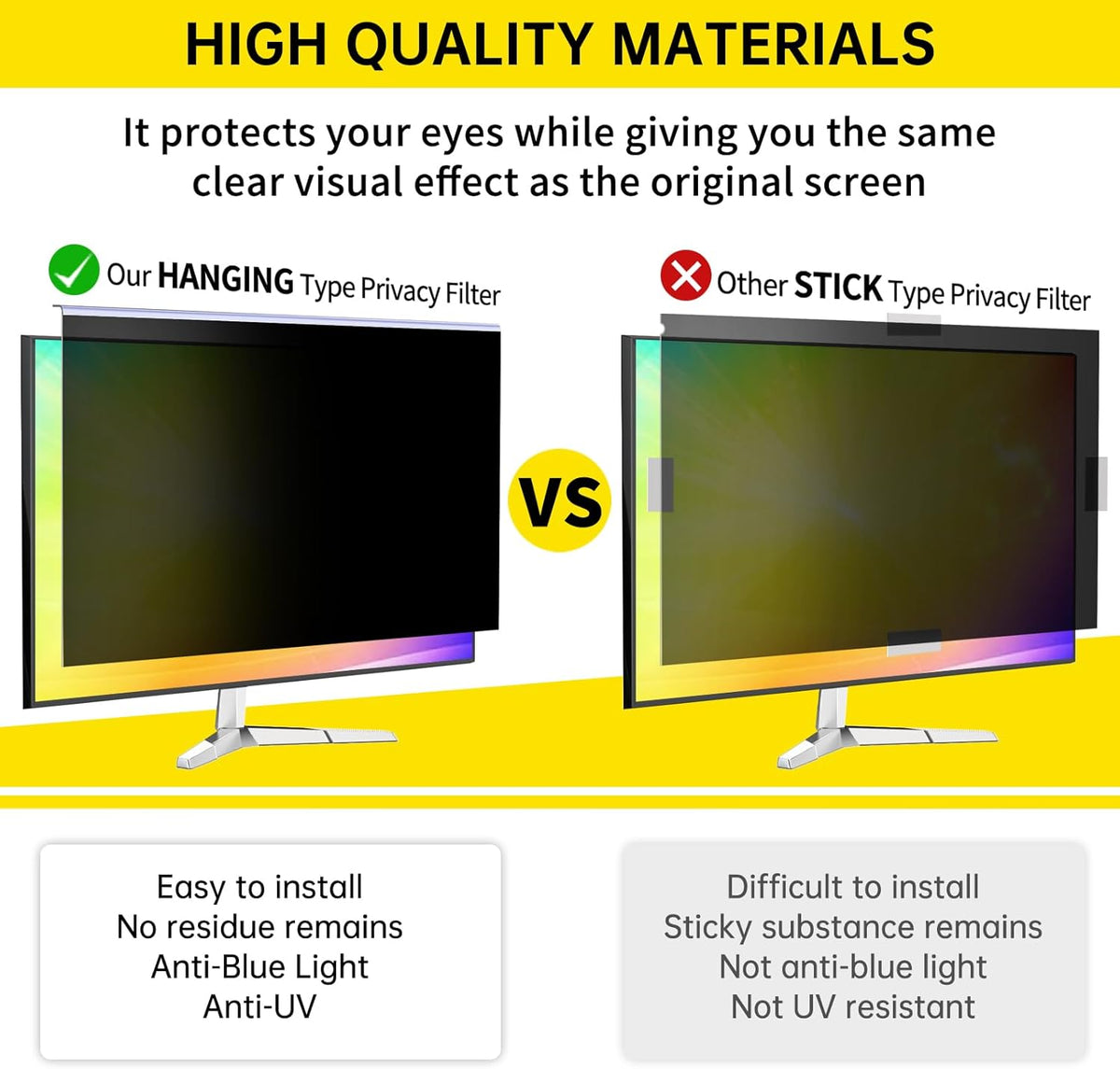 [2-Pack 24 Inch Computer Privacy Screen Filter for 16:9 Monitor, Anti-Blue Light, Anti-UV,Blue Light Blocking Removable Privacy Protector Shield Fits 23.6", 23.8", 24" Monitors