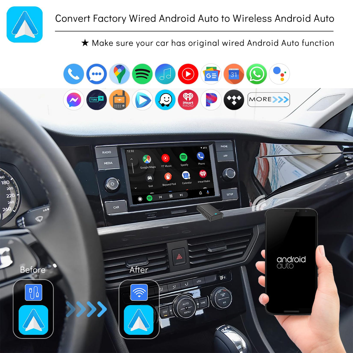 CarProKit Wireless CarPlay Android Auto Adapter USB Dongle for Apple iPhone Android Phone, Convert Original Wired to Wireless Connection, Plug & Play