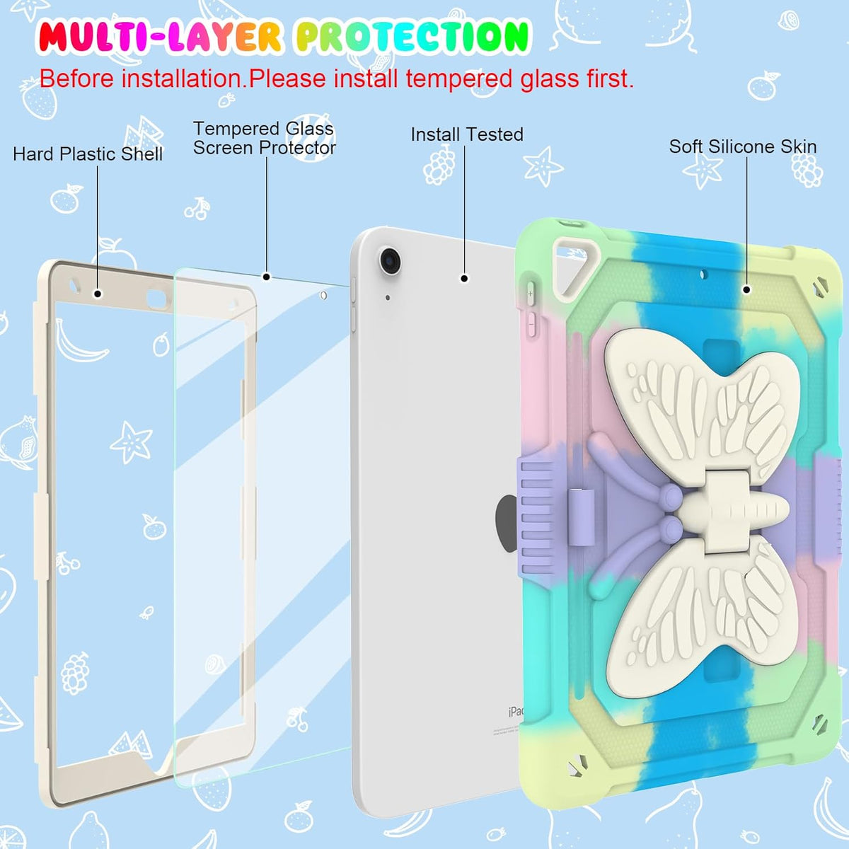 BLOSOMEET Kids Case for iPad 10.2 inch 2021 with Tempered Glass Screen Protector,iPad 9th/8th/7th Generation Case with Stand Pencil Holder & Shoulder Strap,Colorful Green