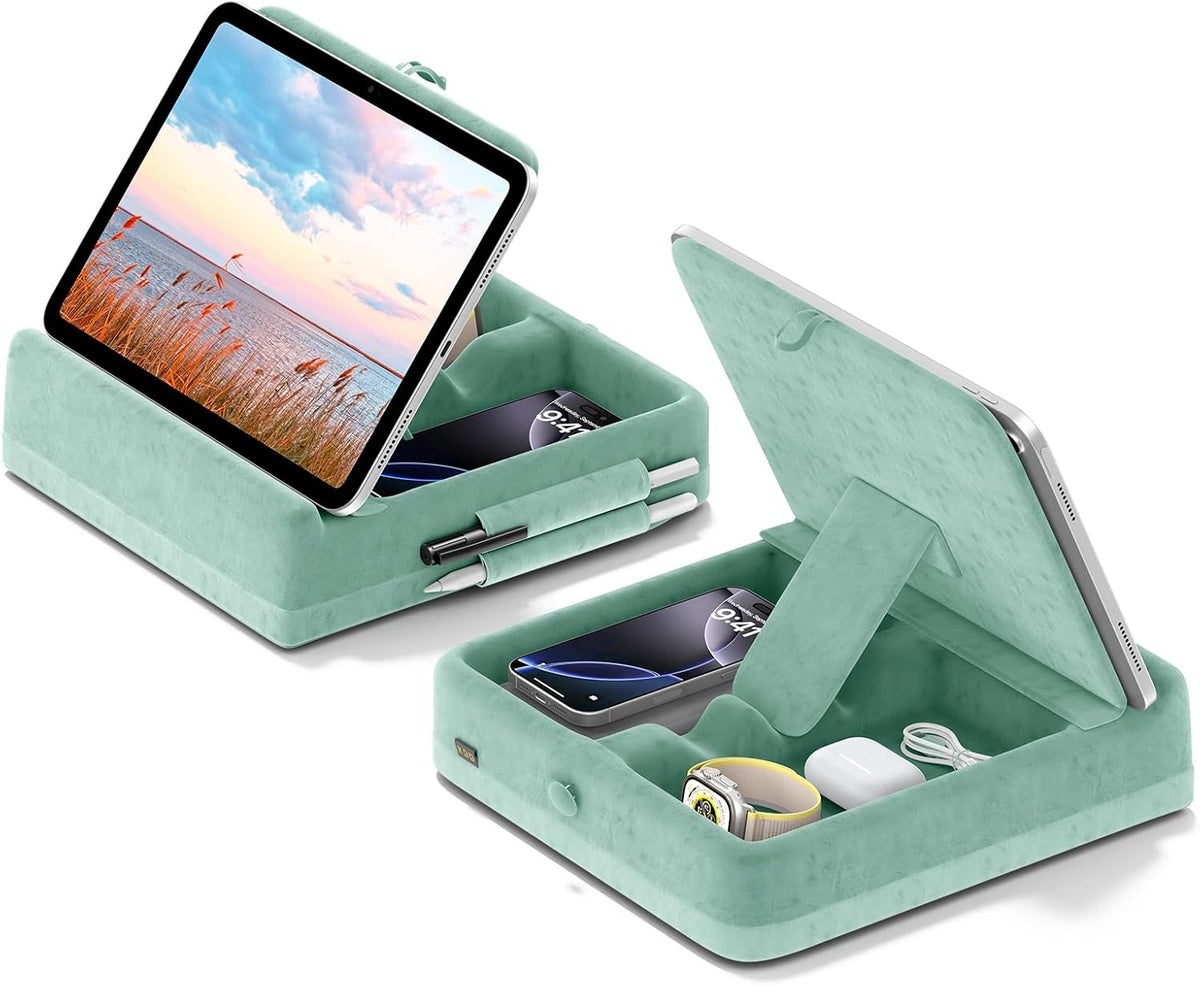 KDD Tablet Pillow Stand with Storage, Foldable iPad Holder for Bed, Lap and Desk, Angle Adjustable Soft Pad Dock with Stylus Mount Compatible with iPad Pro 12.9, 11, Air, Mini, Phones, Books (Green)