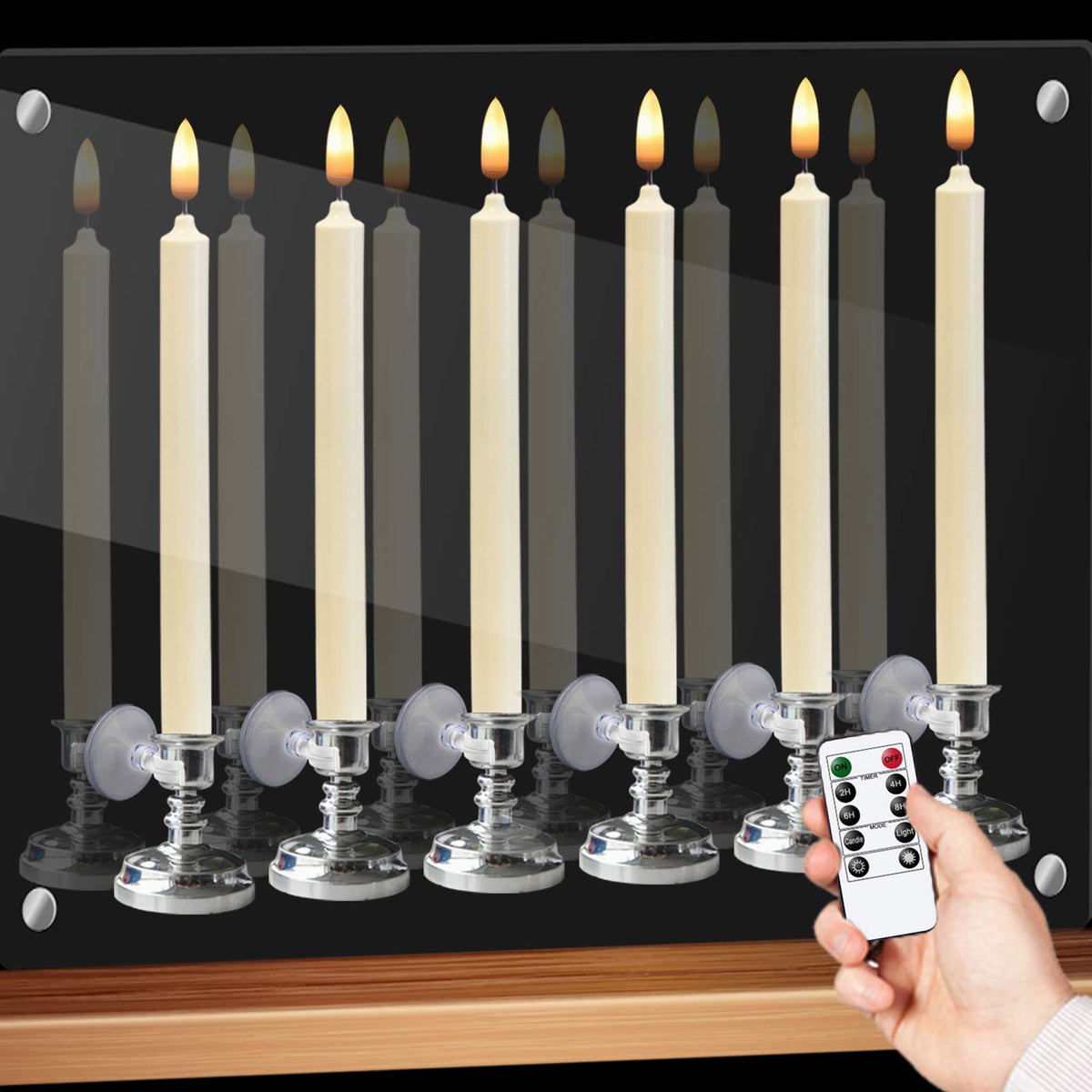 GenSwin Window Flameless Taper Candles with Remote & Timer, Battery Operated LED Candle Flickering Warm 3D Wick Light with Suction Cups, Set of 6 Real