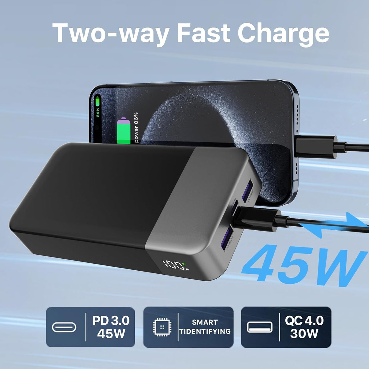 NOBIS Portable Charger, 20000mAh Power Bank, 45W Power Bank Fast Charging, Battery Pack with C to C Cable, Battery Bank with Digital Display for iPhone Android Laptop etc(Black)
