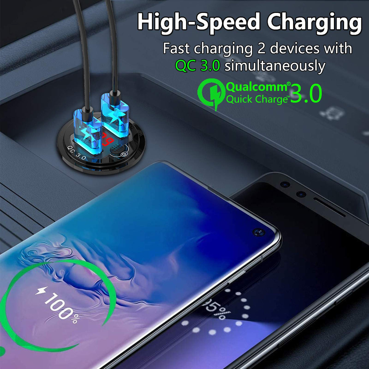 [Upgraded Version] Quick Charge 3.0 Dual 12V USB Car Charger, Aluminum Socket with Red Digital Voltmeter, Waterproof Car Outlet with Power Switch