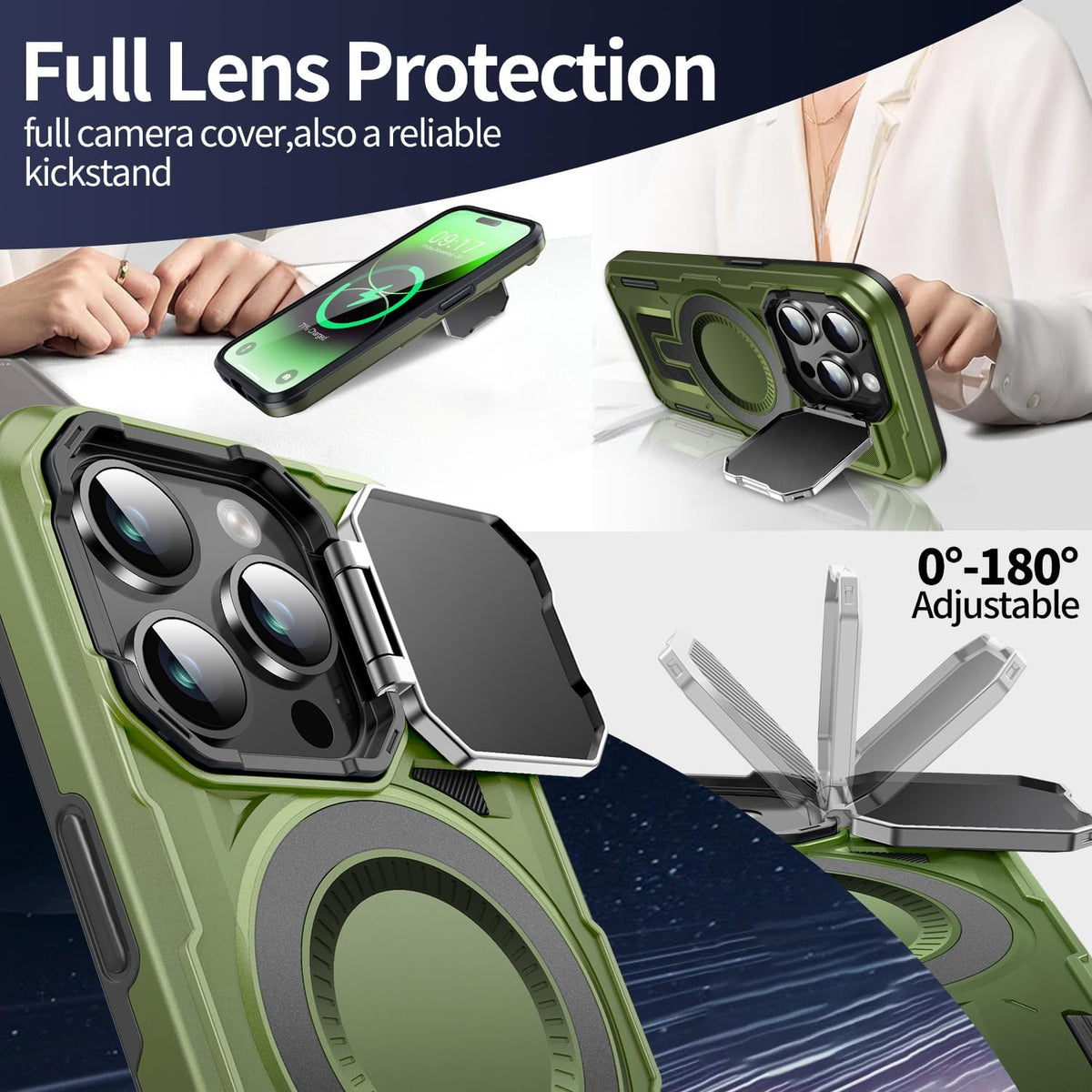 Camera Stand Case for iPhone 14 Pro, [Compatible with Mag Safe] [Lens Cover] 2024 Version Military Grade Protective Soft Case for iPhone 14 Pro 6.1 inch Men Women, Green