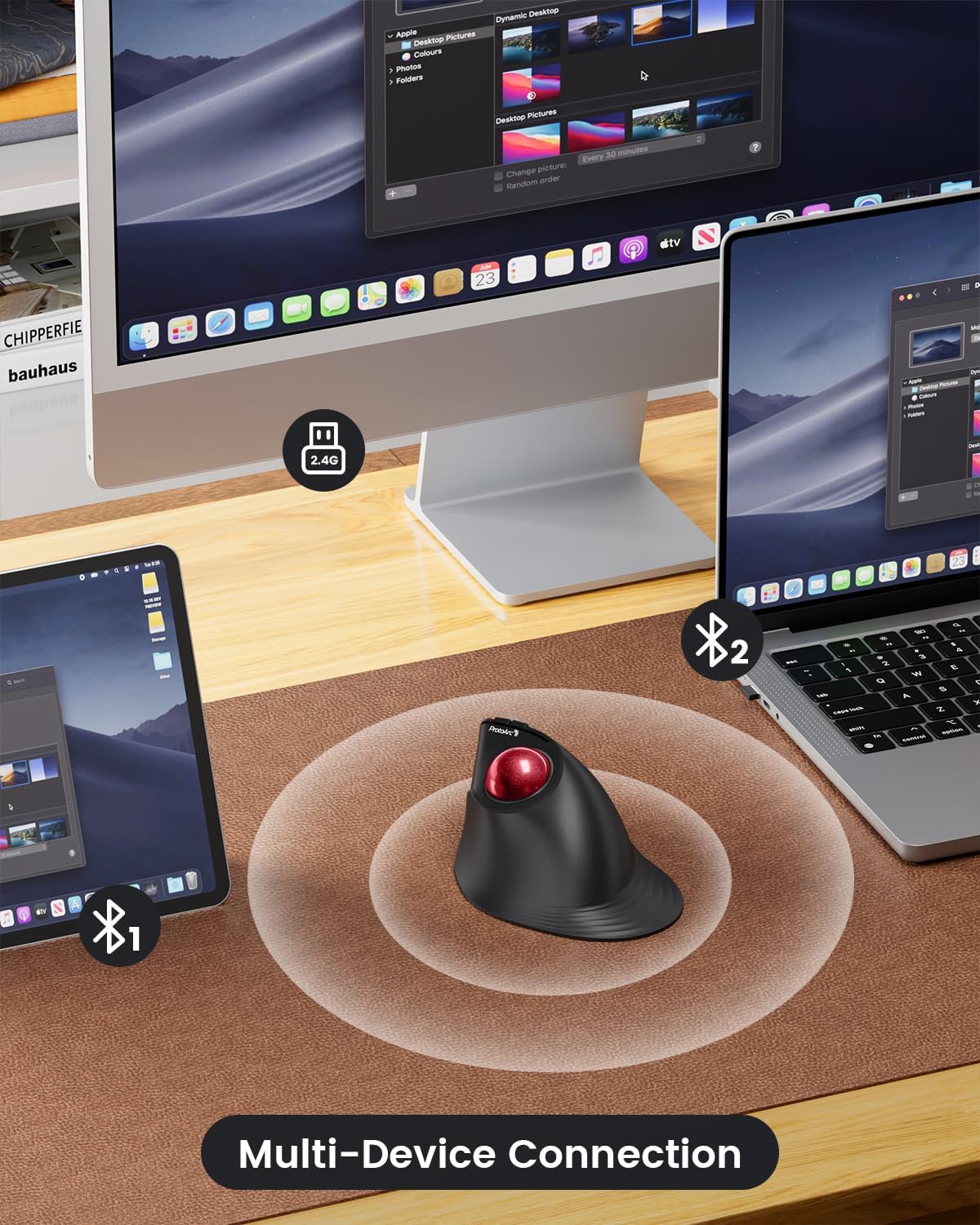 ProtoArc Vertical Wireless Trackball Mouse, EM05 NL Bluetooth Ergonomic Rollerball Mouse Rechargeable Computer Laptop Thumb Mice, 3 Device Connection, Compatible with iPad, Mac, Windows, PC-Red