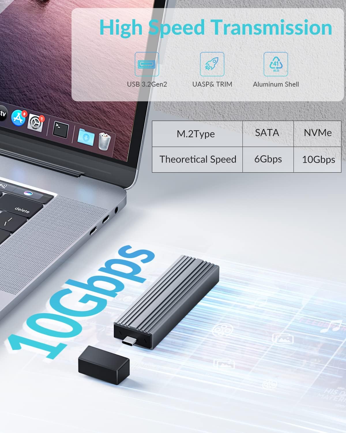 PHIXERO 10Gbps SSD Enclosure, Tool-Free and Wireless. Compactible with NVME/SATA SSD Size 2230/2242/2260/2280