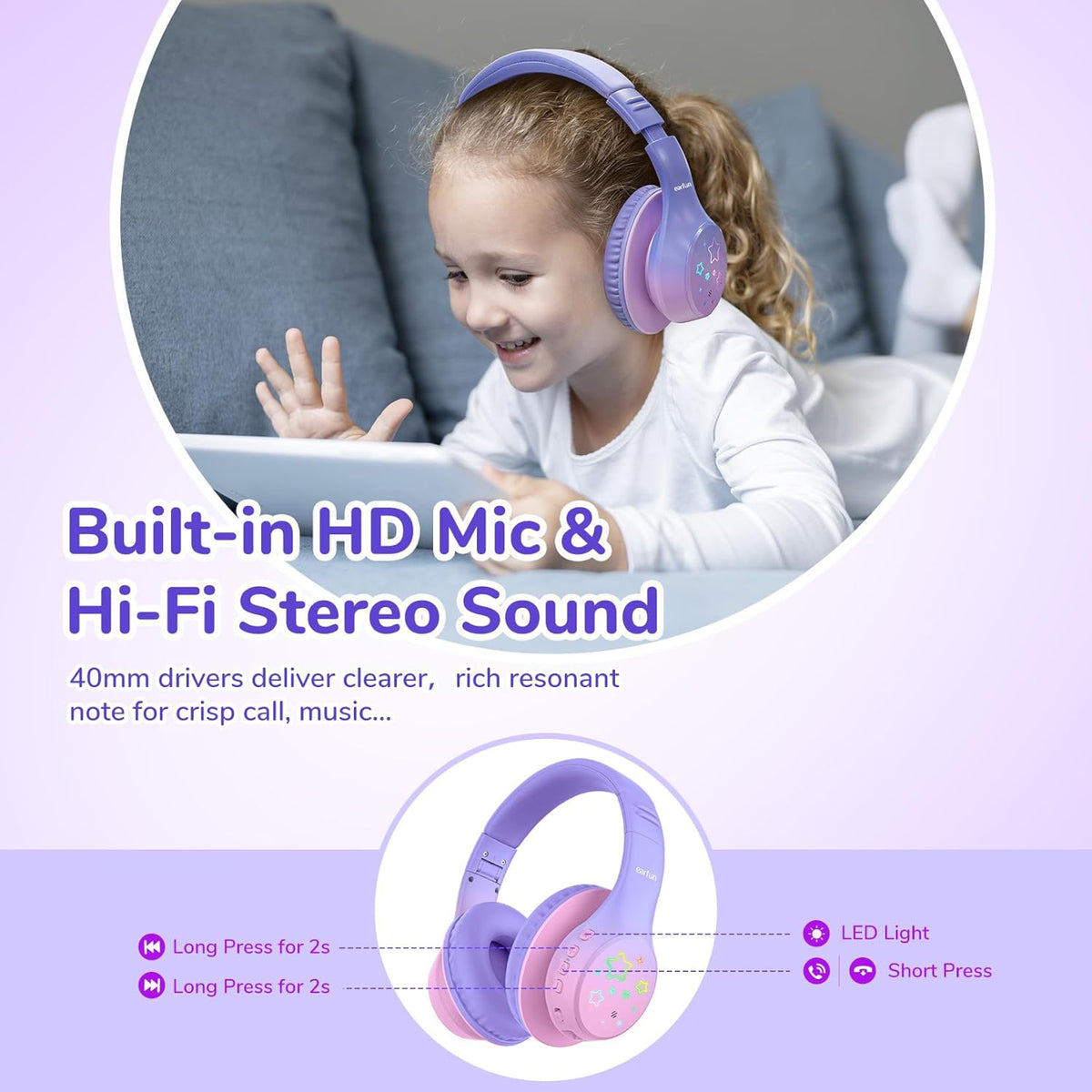 EarFun K4 Kids Bluetooth Headphones, Wireless Headphones with LED Lights, 74/85/94dBA Volume Limited, Built-in Mic, 90H Playtime, Bluetooth 5.4 Over Ear Headphone for iPad/Tablet/School, Violet
