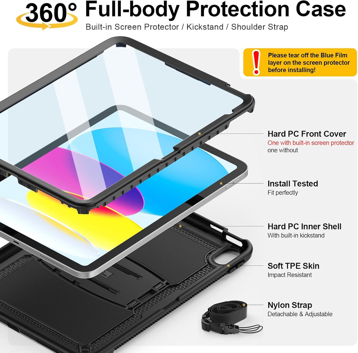 SEYMAC stock Case for iPad (A16) 11th/10th Generation 11''/10.9'' 2025/2022, with Built-in Screen Protector, Shoulder Strap, Built-in Kickstand, Rugged Full Body Shockproof Protective Case, Black