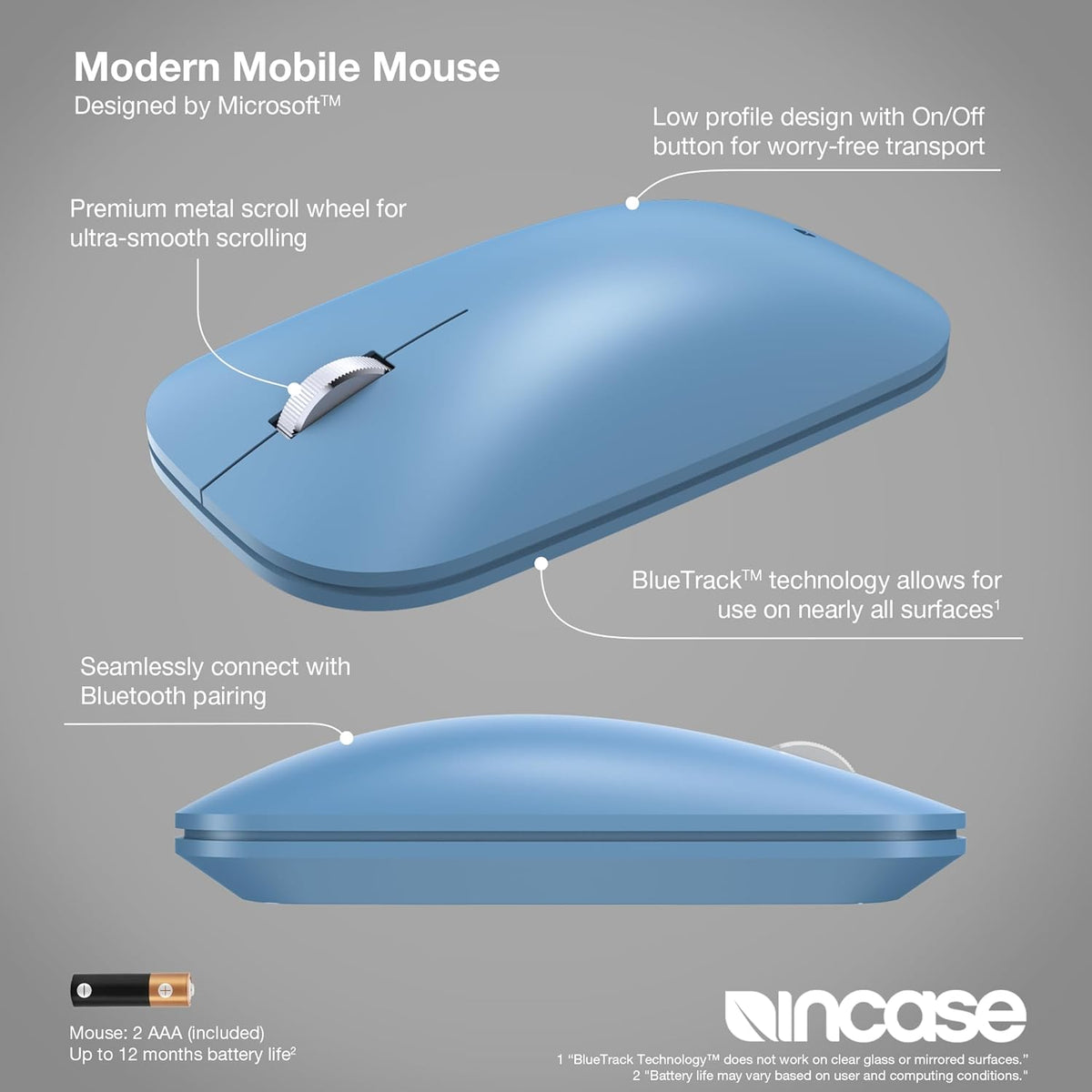 Incase Modern Mobile Mouse – Designed by Microsoft – Lightweight, Precision Navigation, Right/Left Hand Use, Scroll Wheel, BlueTrack Technology, Wireless Bluetooth for Mac/Windows/8/10/11 (Sapphire)