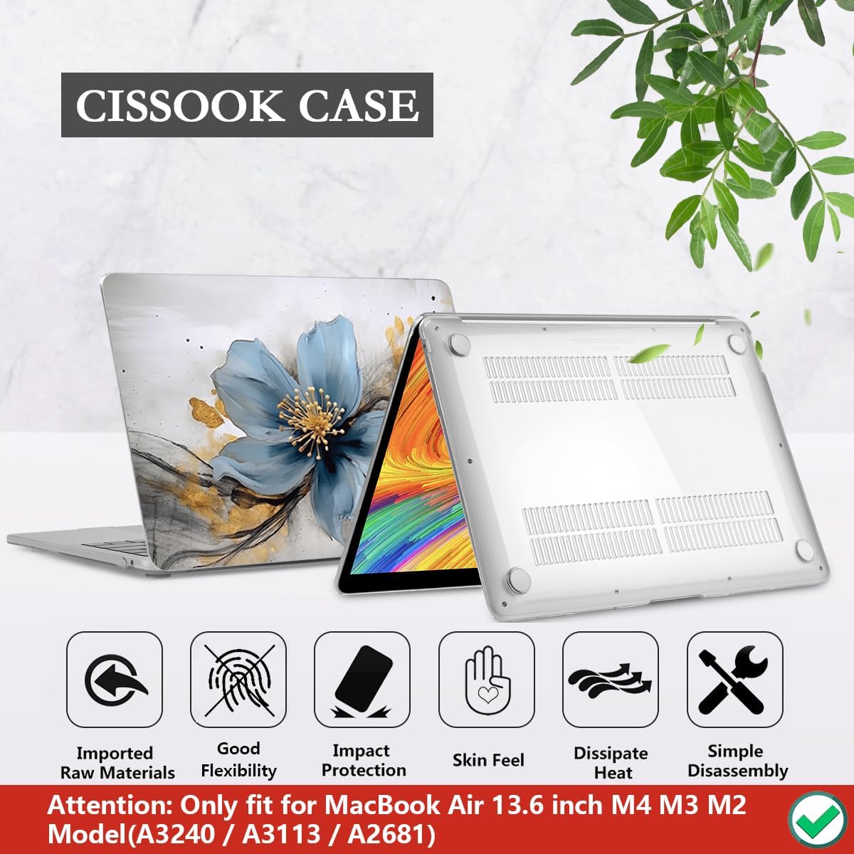 CISSOOK for MacBook Air 13.6 inch Case 2025 2024 2023 2022 Release Model A3240 A3113 A2681, Laptop Hard Shell Cases with Keyboard Cover Type C Adapter for MacBook Air 13 M2 M3 M4, Retro Golden Floral