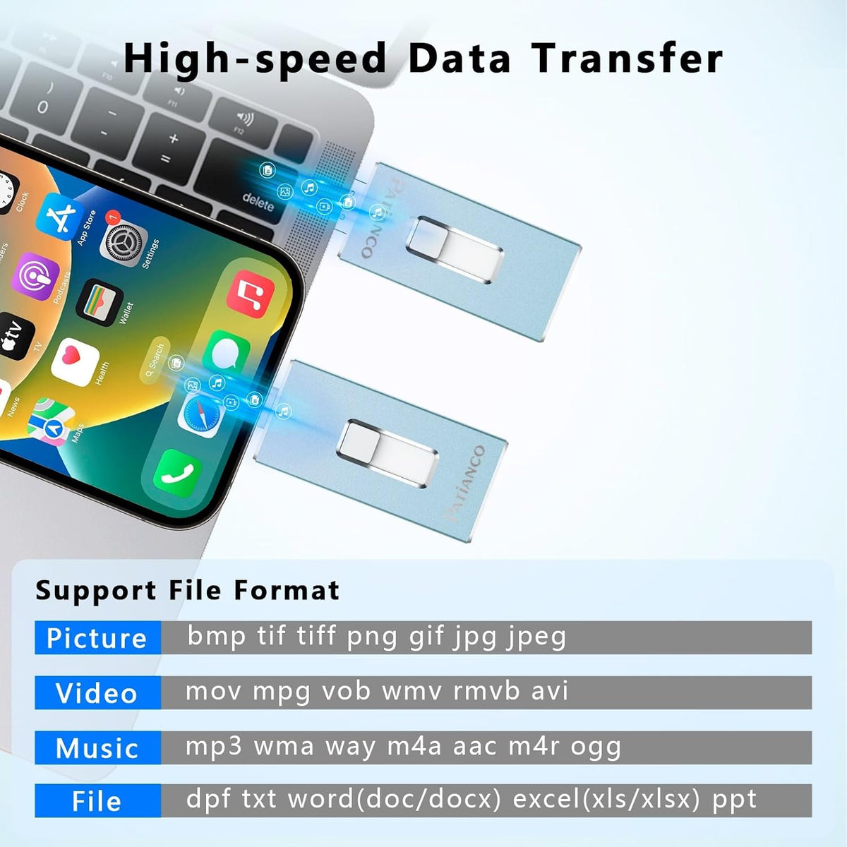 USB Flash Drive 256GB, Apple MFi Certified Photo Stick for iPhone Thumb Drive, iPhone-Memory-Stick for iPad/iPhone/Computer Picture Keeper Portable Hard Drive Blue