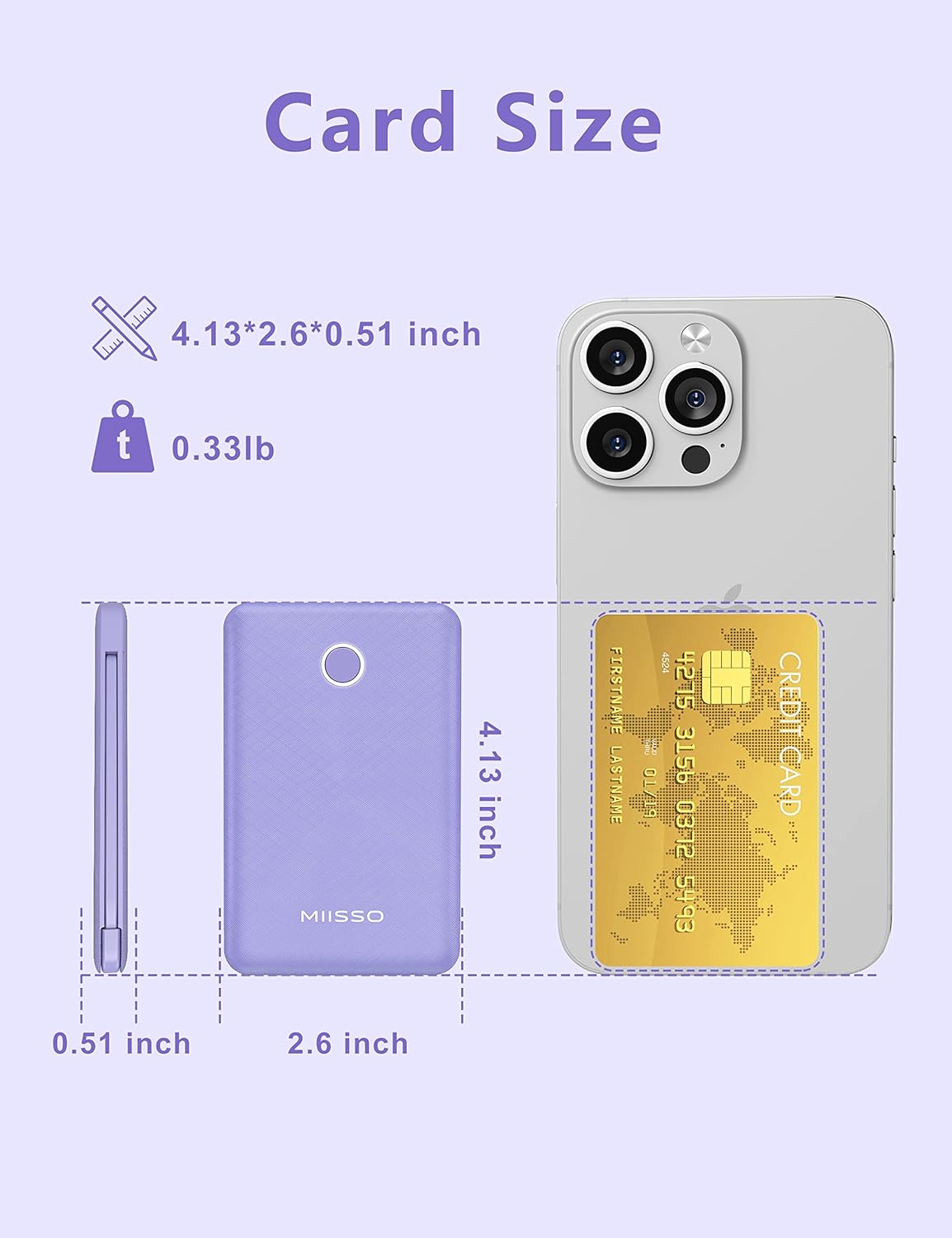 miisso 6000mah Ultra Slim Built in Cables Power Bank, Card Size Built in USB C Cords Battery Pack Portable Charger for Phones, 3 Output External Battery Pack Compatible with iPhone, Samsung, Purple