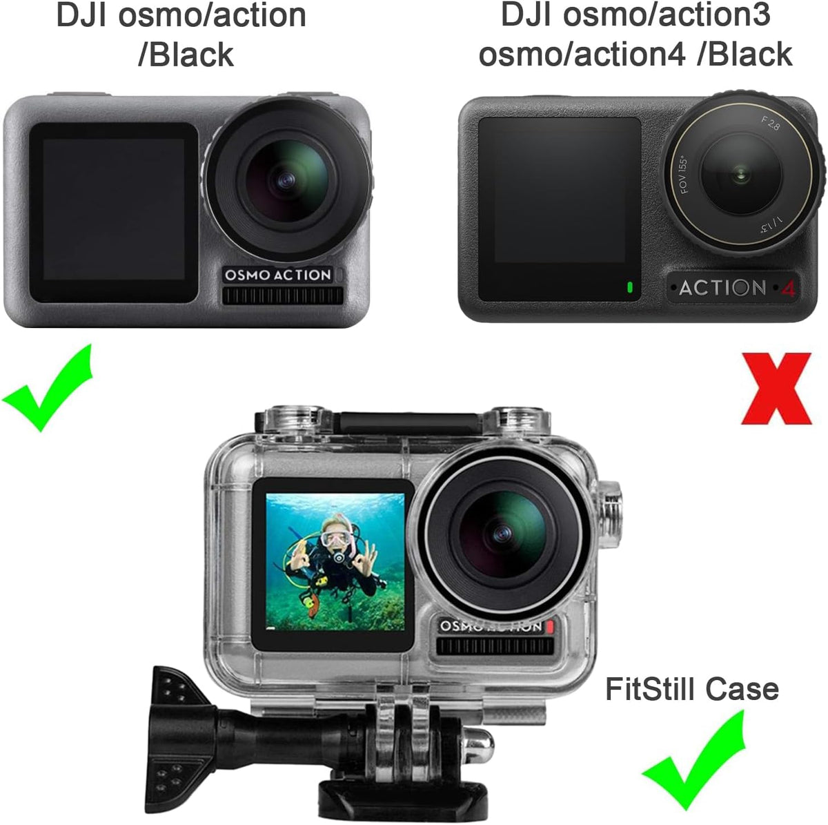 FitStill Waterproof Case for DJI Osmo Action Camera, Underwater Accessories Kit, 45M Diving Housing Protective Shell