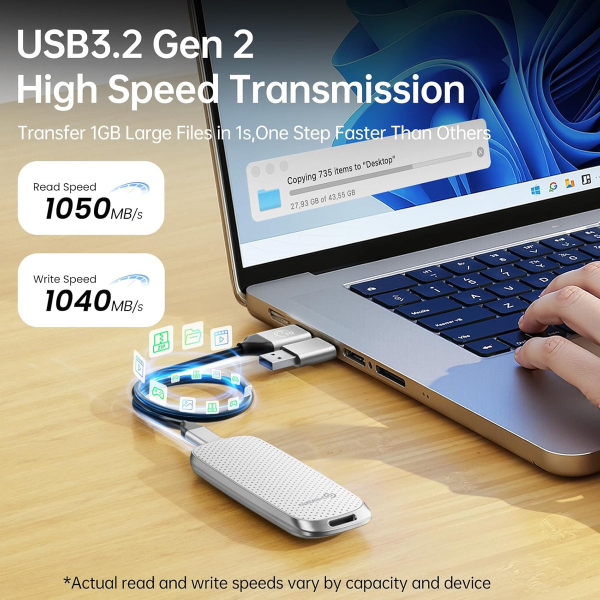 PHIXERO P10PRO External NVMe SSD 1TB, Up to 1050MB/s, USB 3.2 Gen2, Includes 2-in-1 USB C Cable, Portable Hard Drive for iPhone 15+/Android/Windows/Mac, White