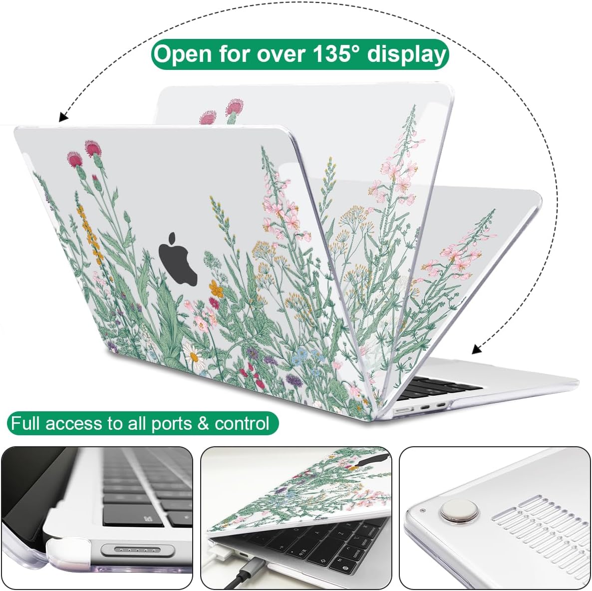 Compatible for MacBook Air 13.6 inch Case M4 M3 M2 2025 2024-2022 Release Model A3240 A3113 A2681, Printed Plastic Protective Hard Shell Cover for MacBook Air M4 13", Green Plants Flowers