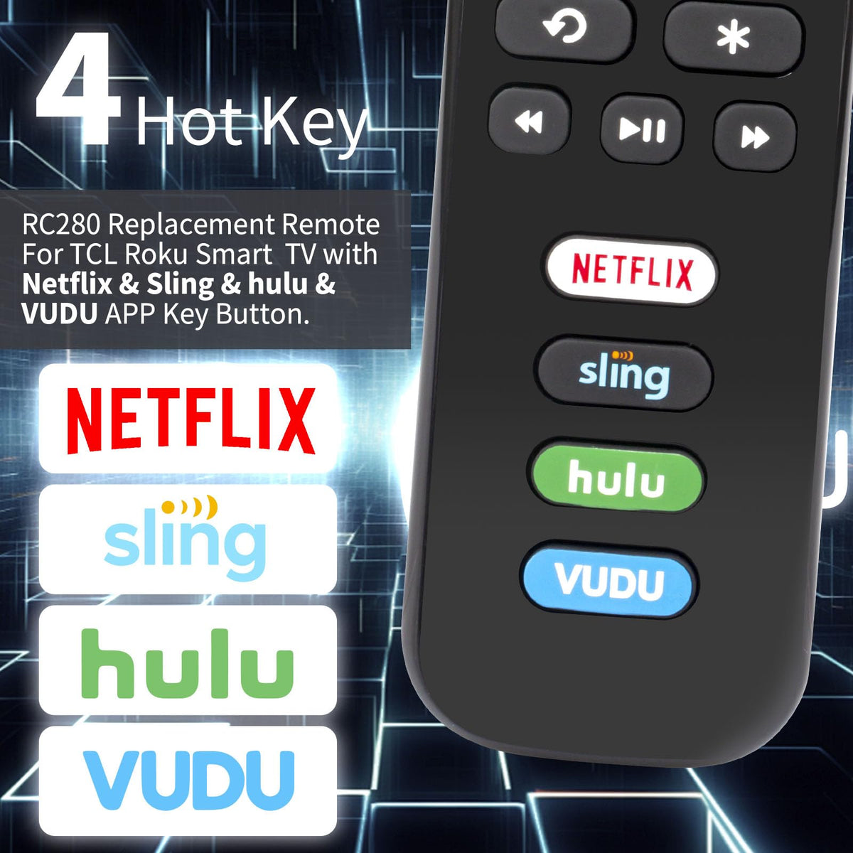 RC280 Replacement Remote with Netflix Sling Hulu Vudu Key Compatible with TCL 32S301 43S403